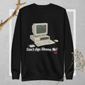 black sweatshirt with vintage computer graphic and text can't age shame me! on a light gray background