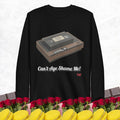 black sweatshirt with a vintage VHS player graphic and text 'Can't Age Shame Me!' on a white background.