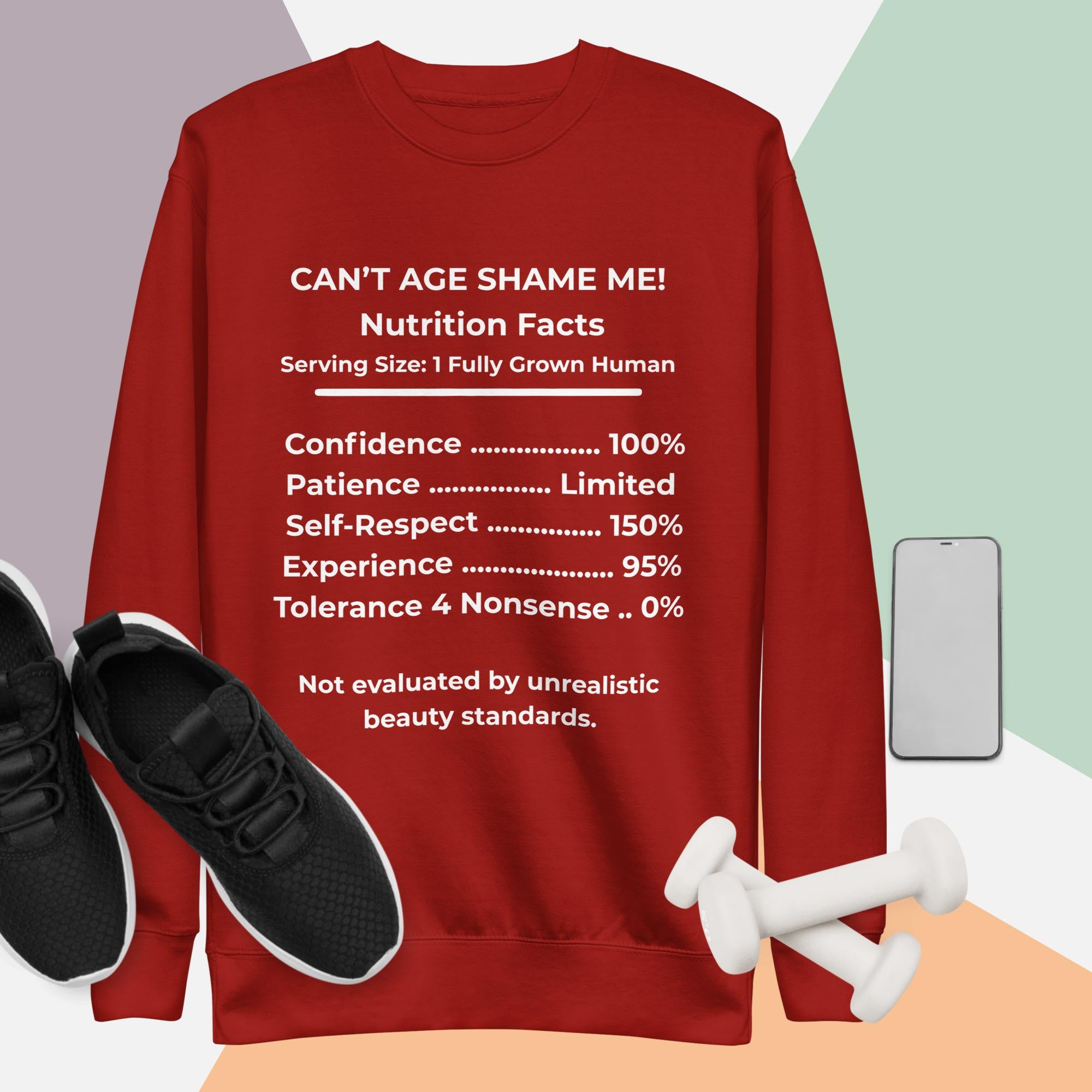 Cardinal Red Nutrition Facts Unisex Sweatshirt: Zero Nonsense (White Text)