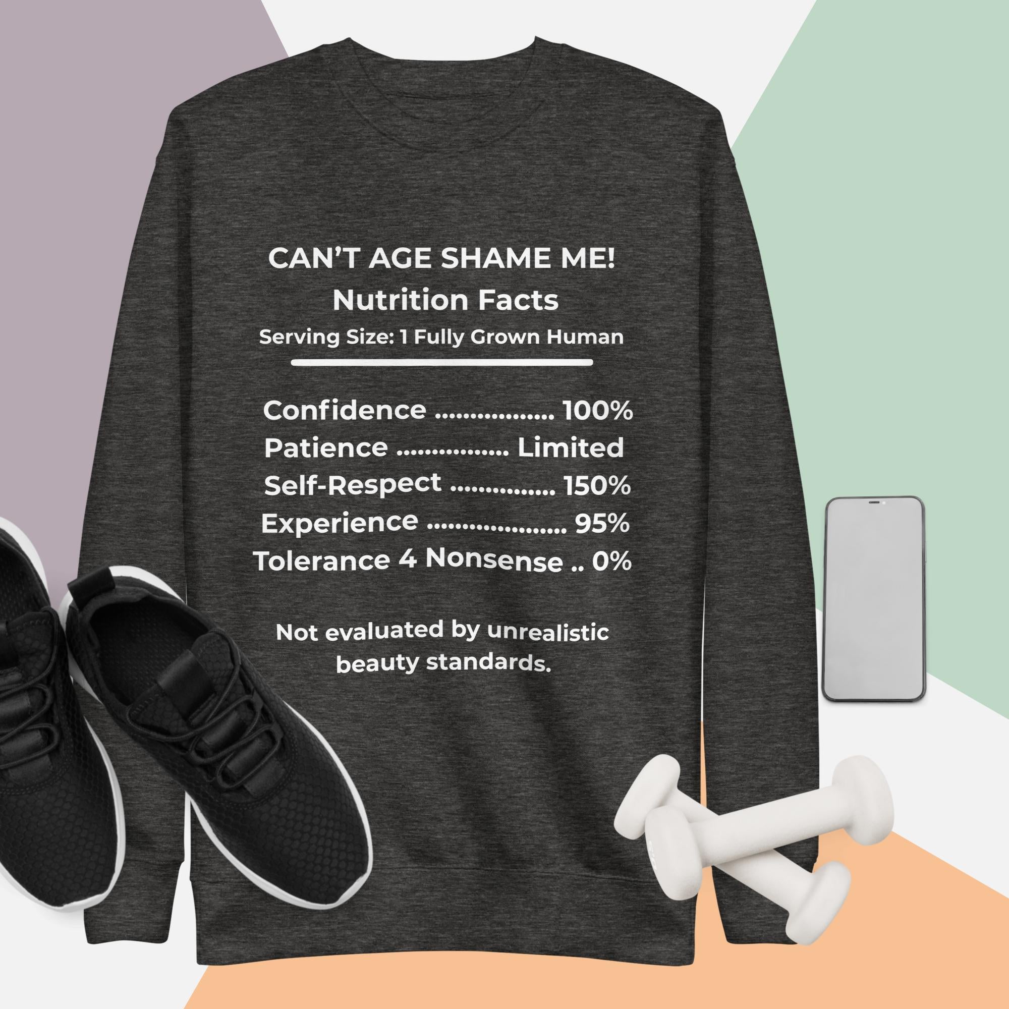 Gray Nutrition Facts Unisex Sweatshirt: Zero Nonsense (White Text)