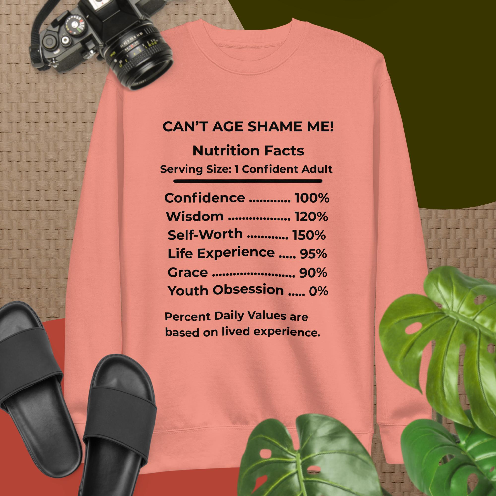 Dusty Rose Nutrition Facts Unisex Sweatshirt: Youth Not Required (Black Text)