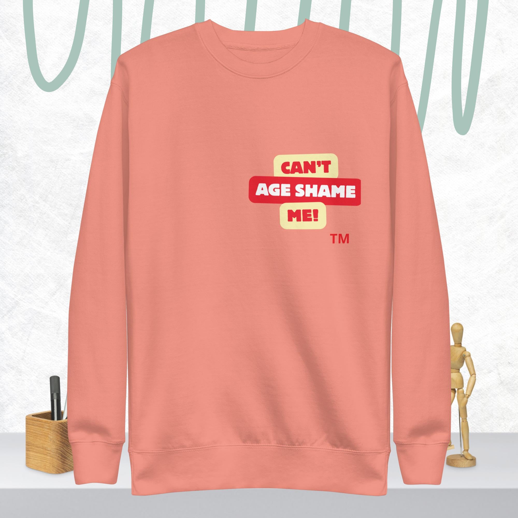 Dusty Rose sweatshirt with 'CAN'T AGE SHAME ME!' text logo on a light gray background