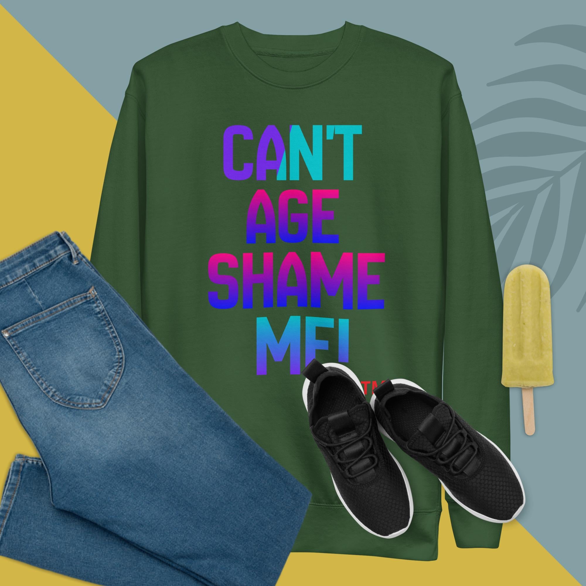 Green sweatshirt with colorful text, blue jeans, black sneakers, and a popsicle on a multicolored background