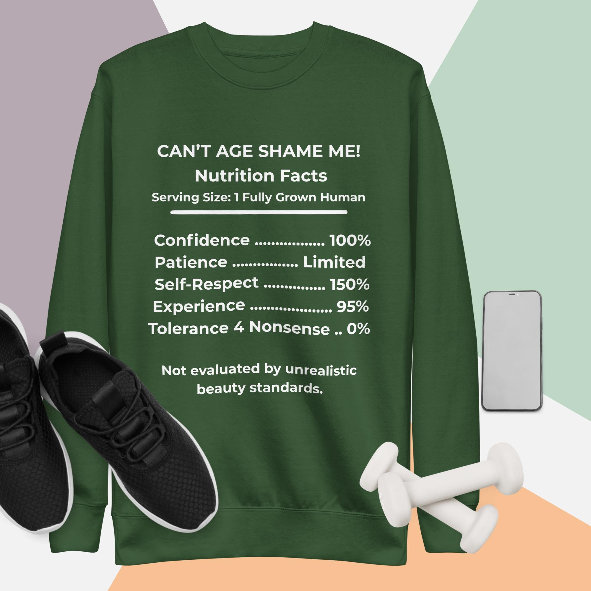 Forest Green Nutrition Facts Unisex Sweatshirt: Zero Nonsense (White Text)