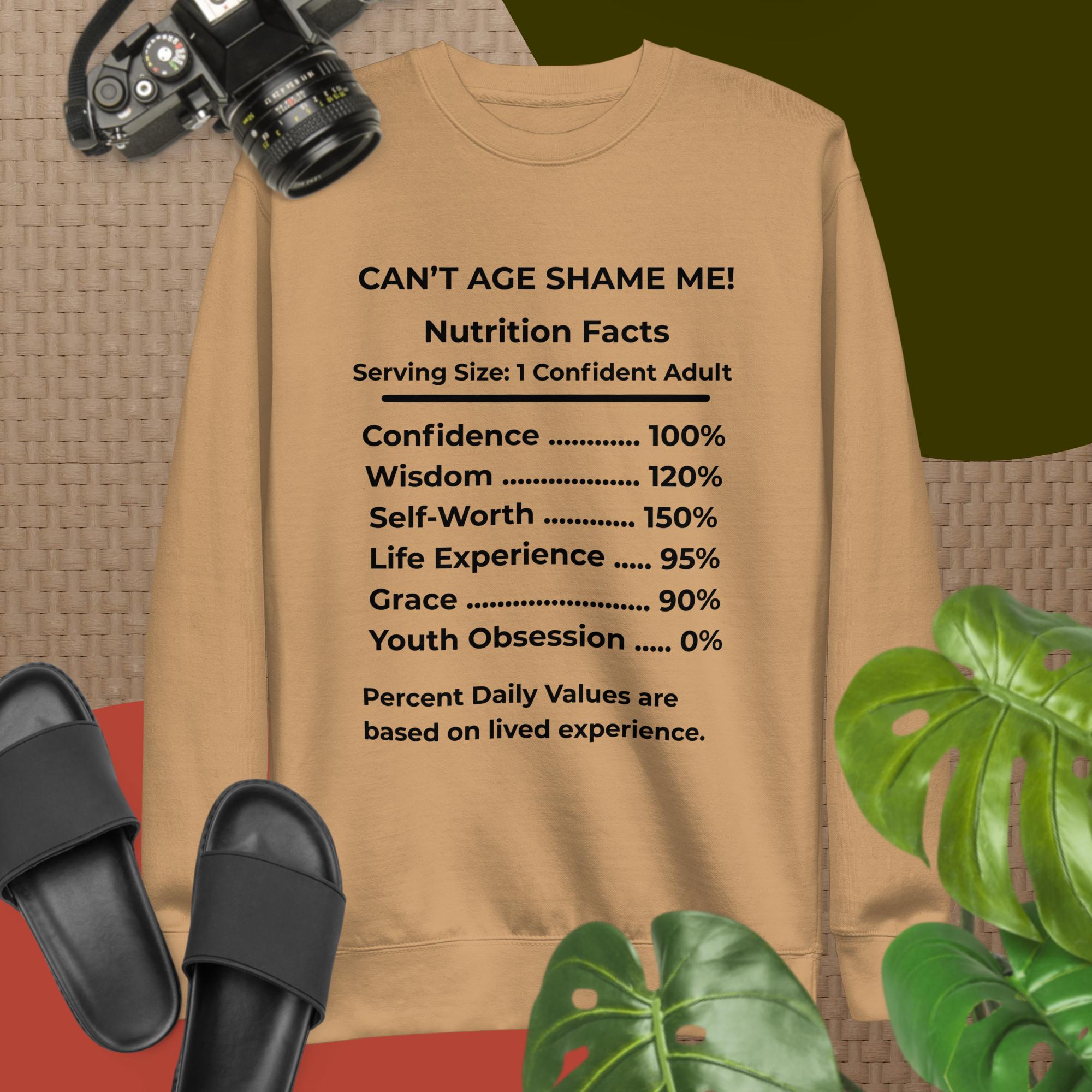 Khaki  Nutrition Facts Unisex Sweatshirt: Youth Not Required (Black Text)