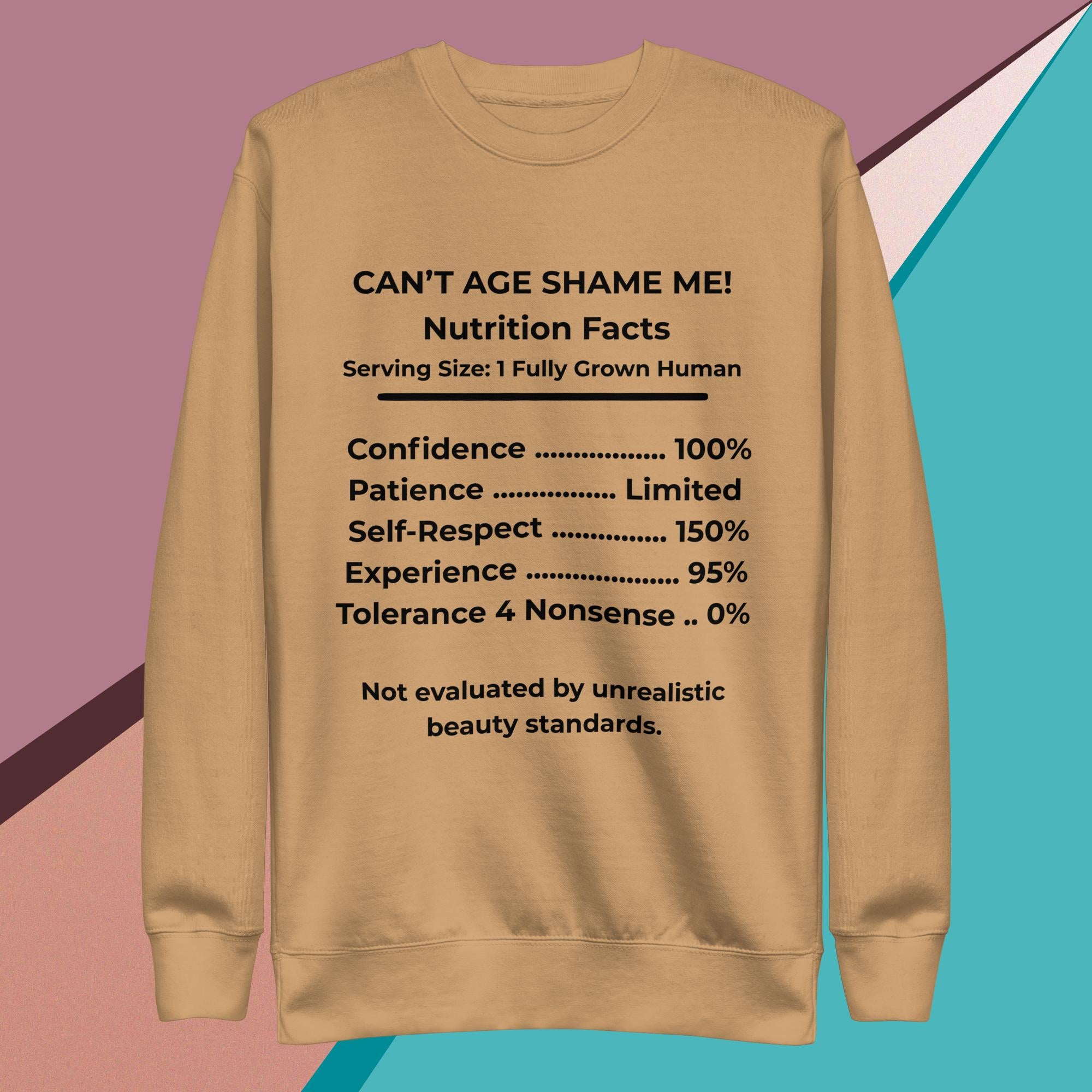 Khaki Nutrition Facts Unisex Sweatshirt: Zero Nonsense (Black Text)

