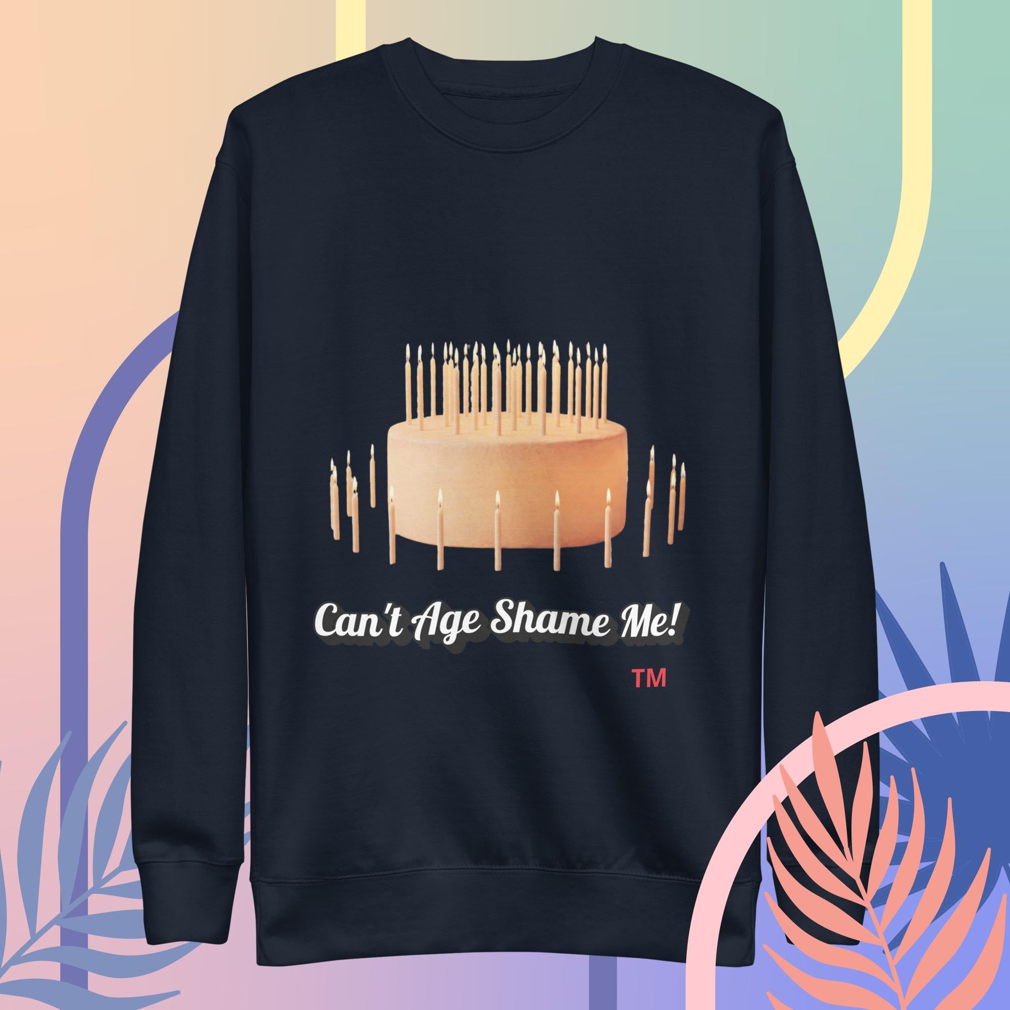 Dark Blue sweatshirt with birthday cake and candles design on a colorful background