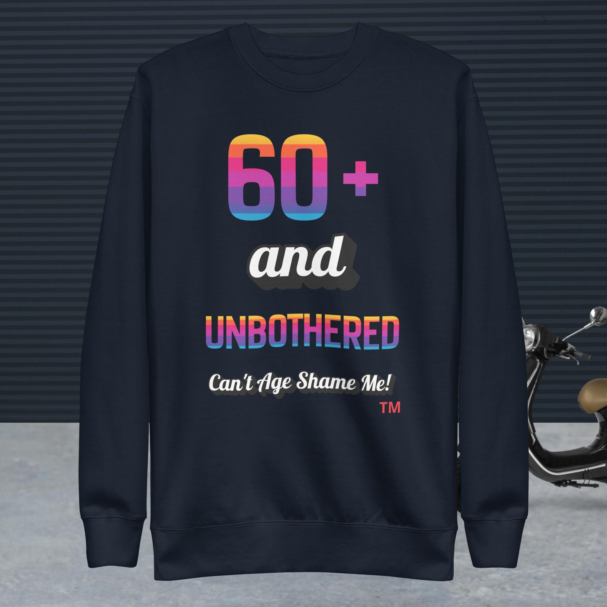 Navy sweatshirt with colorful text on a dark background