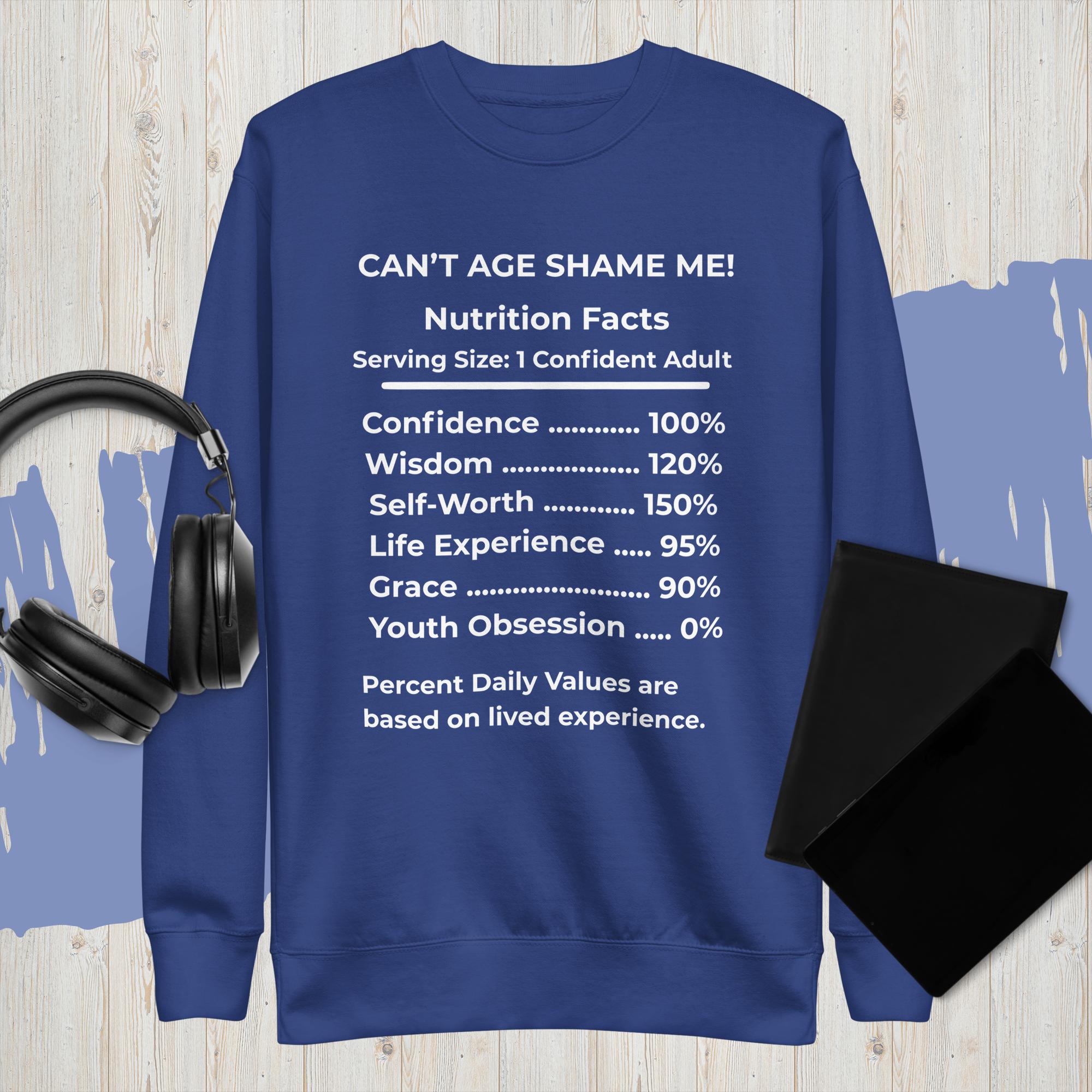 royal blue Nutrition Facts Unisex Sweatshirt: Youth Not Required (White Text)

