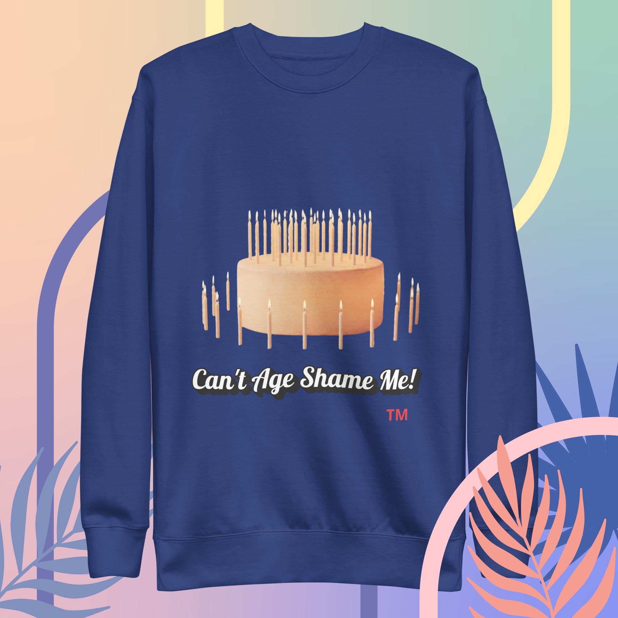 Royal Blue sweatshirt with birthday cake and candles design on a colorful background