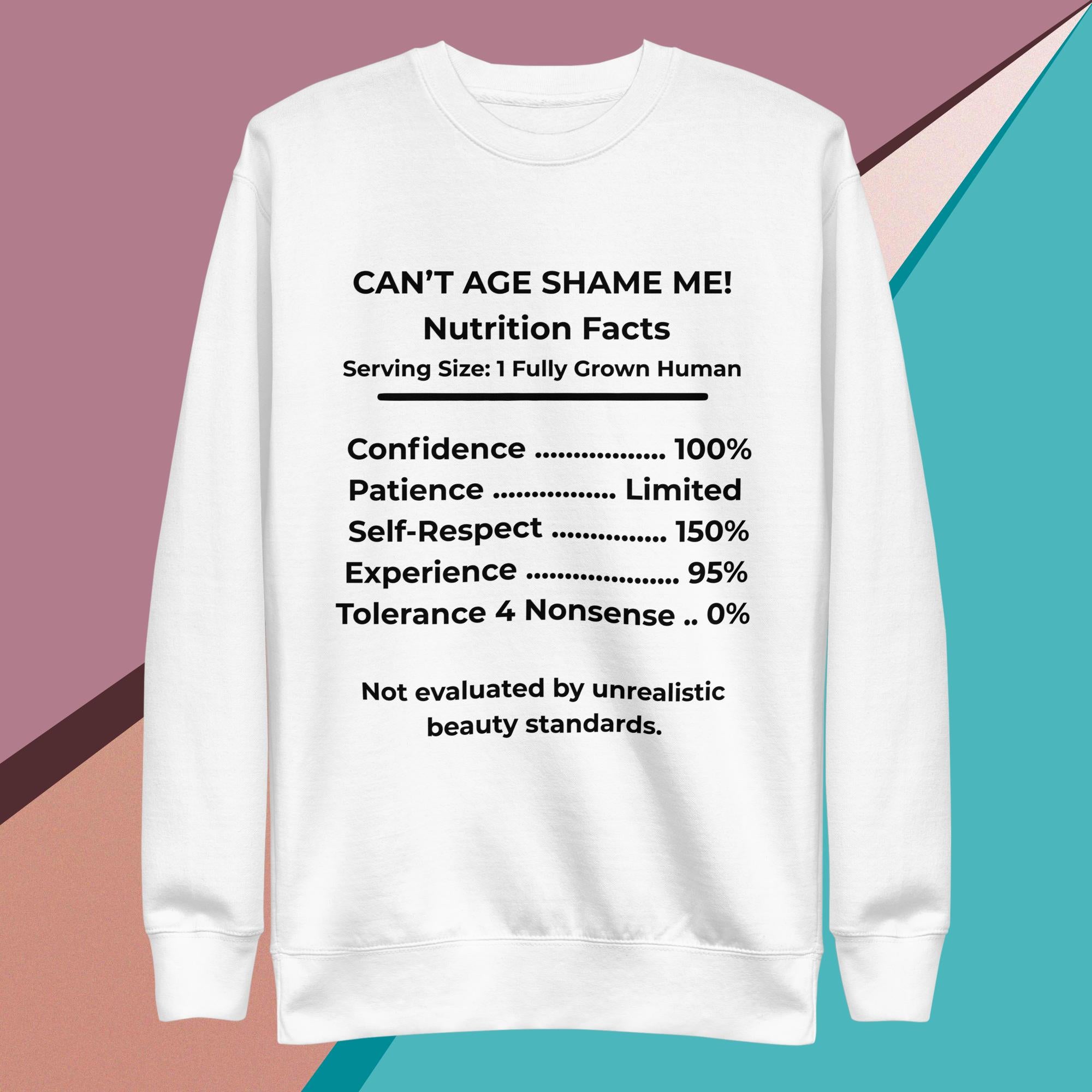 White Nutrition Facts Unisex Sweatshirt: Zero Nonsense (Black Text)

