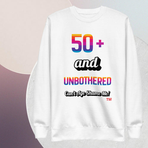 White sweatshirt with colorful text design on a gradient background
