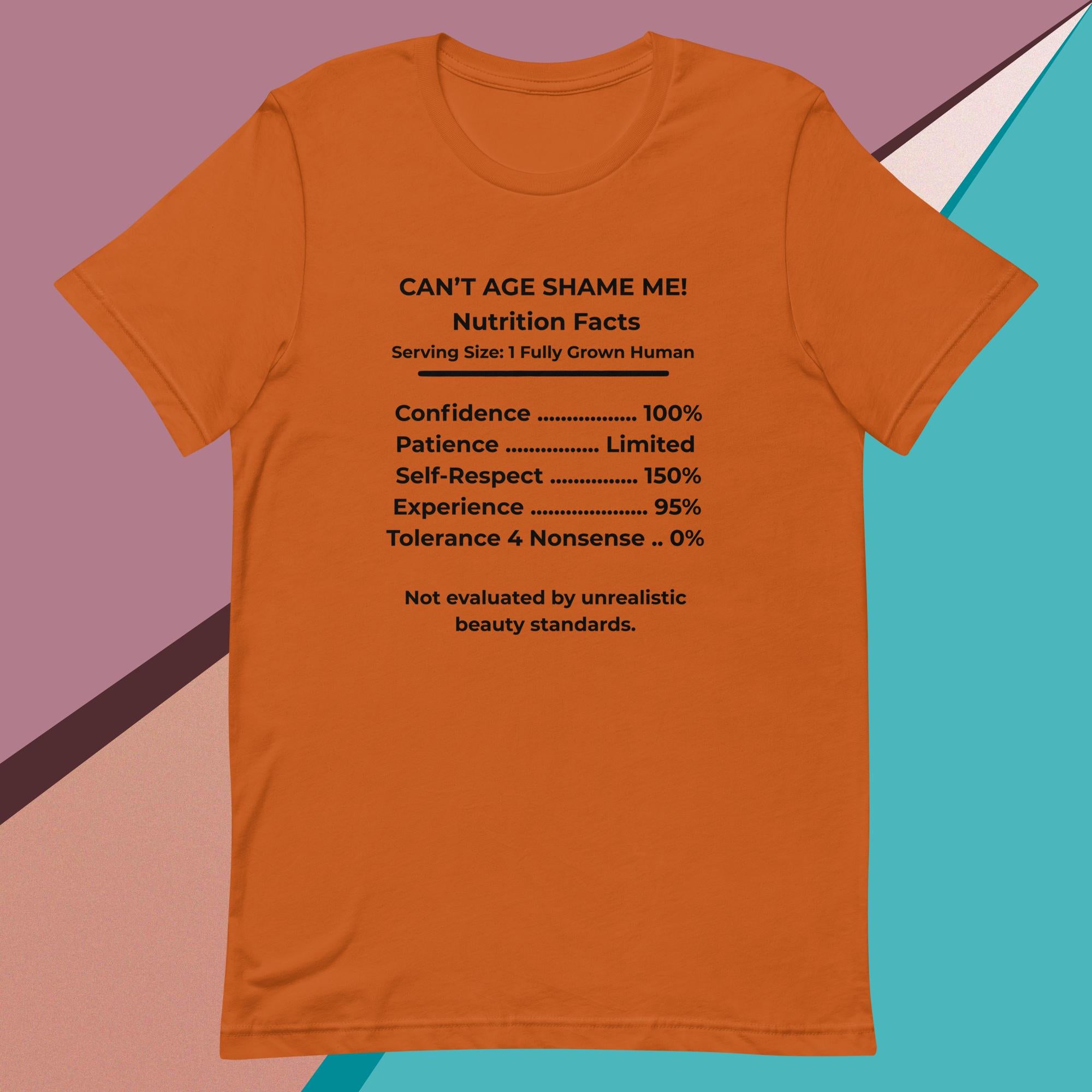 Autumn Orange Nutrition Facts Unisex T- Shirt: Zero Nonsense (Black Text)