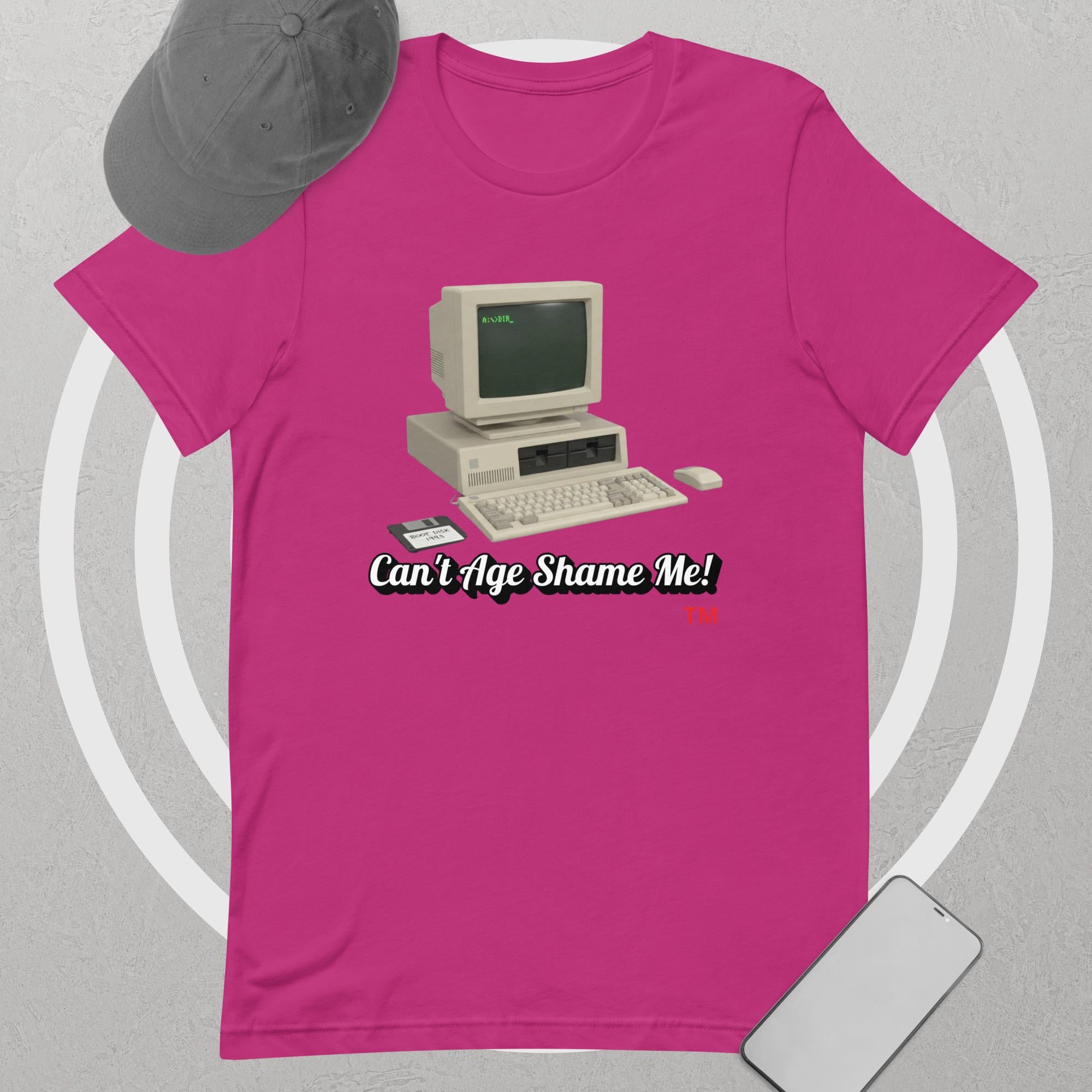 Berry t-shirt with vintage computer graphic and text 'Can't Age Shame Me!' on a gray background. 