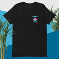 Black  t-shirt with colorful text “'Can't Age Shame Me” on a yellow background design with cactus