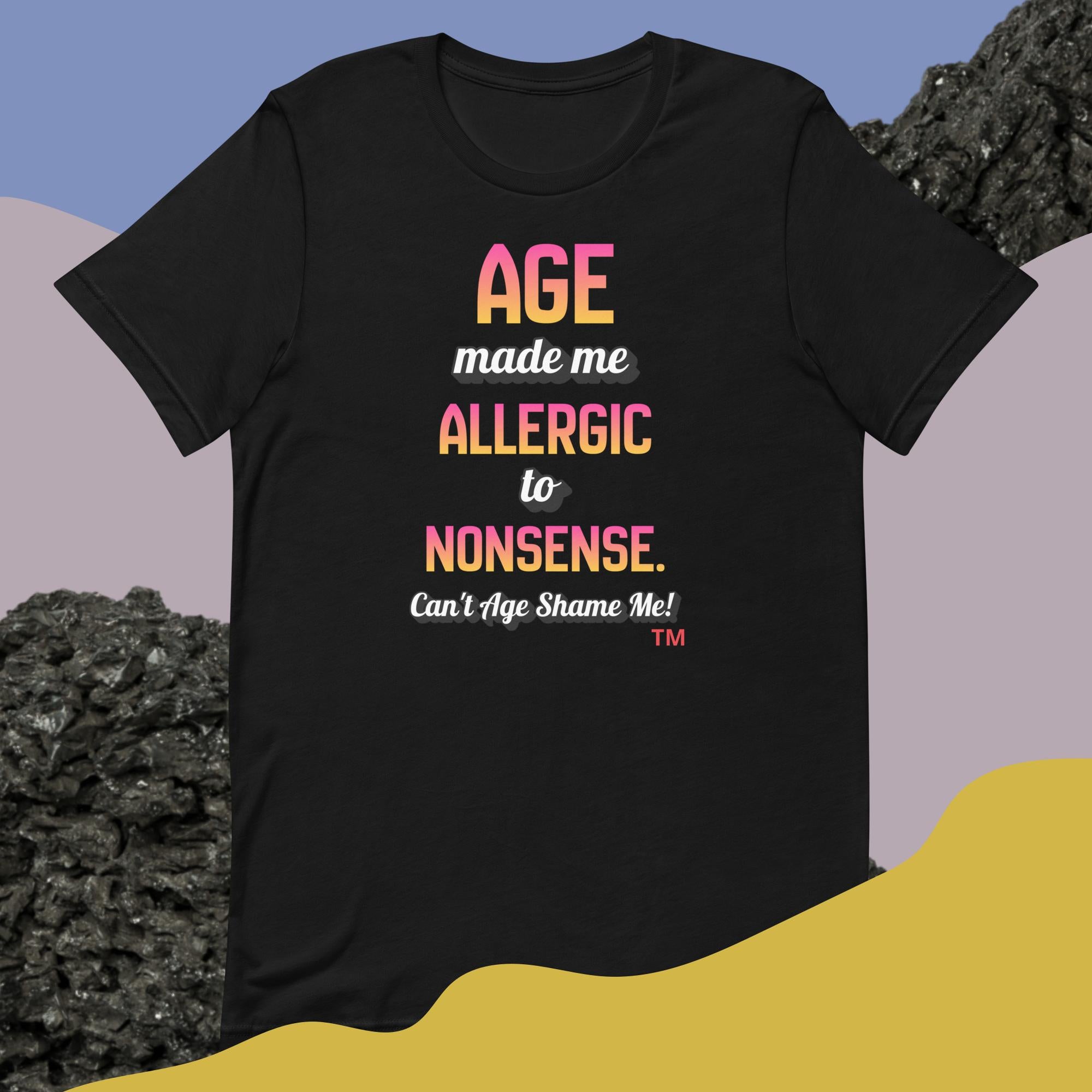 Black t-shirt with colorful text on a gradient background