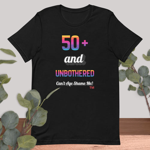 Black t-shirt with colorful text design on a light background