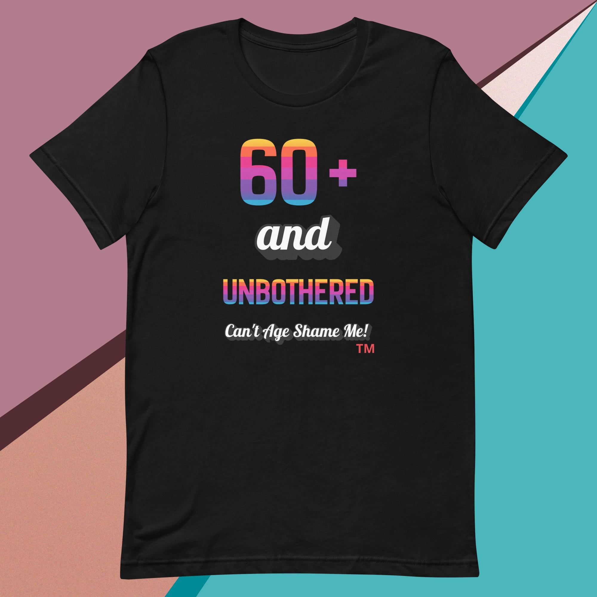 Black t-shirt with colorful text design on a multicolored background