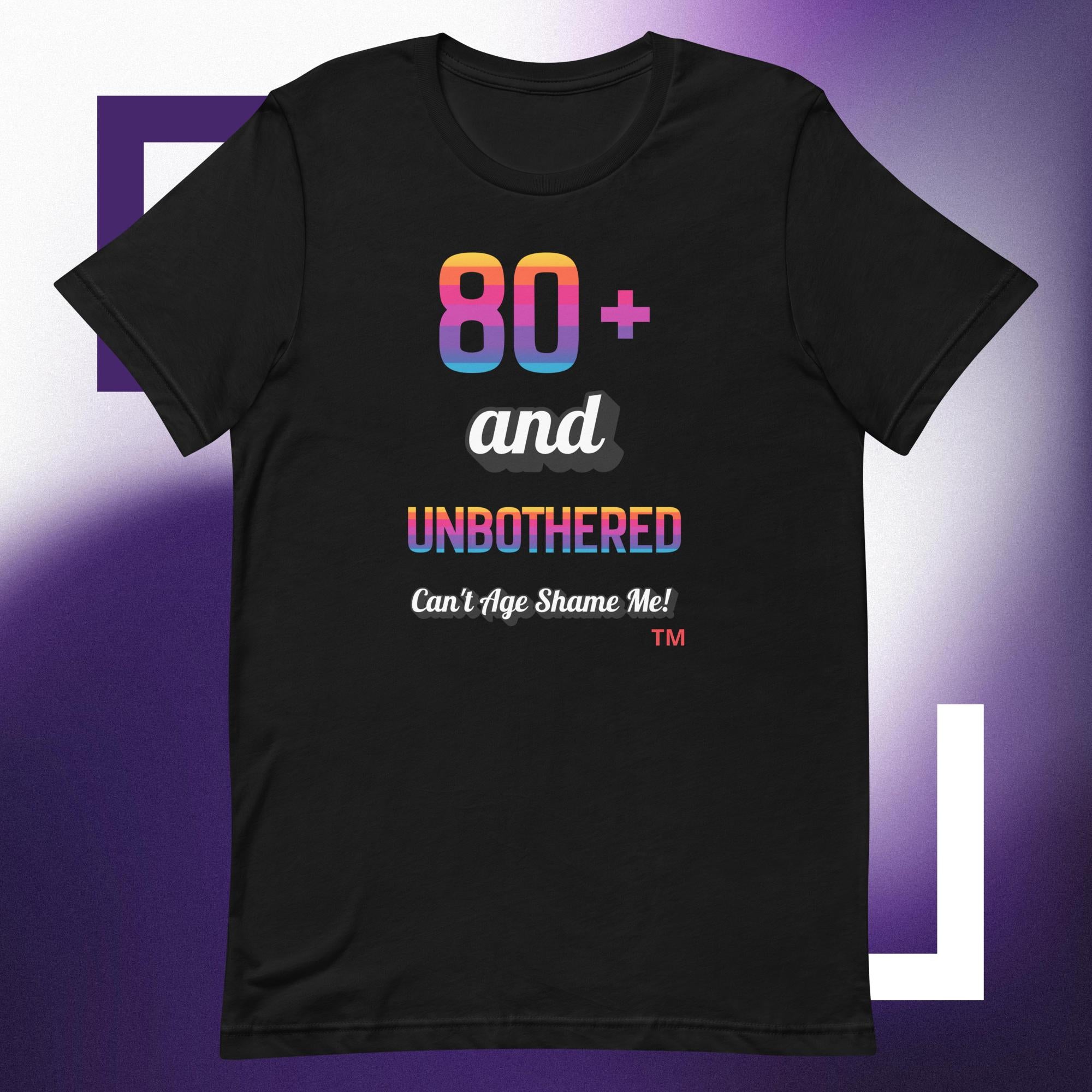 Black t-shirt with colorful text design on a purple background