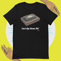 Black  t-shirt with a cassette tape graphic and 'Can't Age Shame Me!' text on a yellow background.
