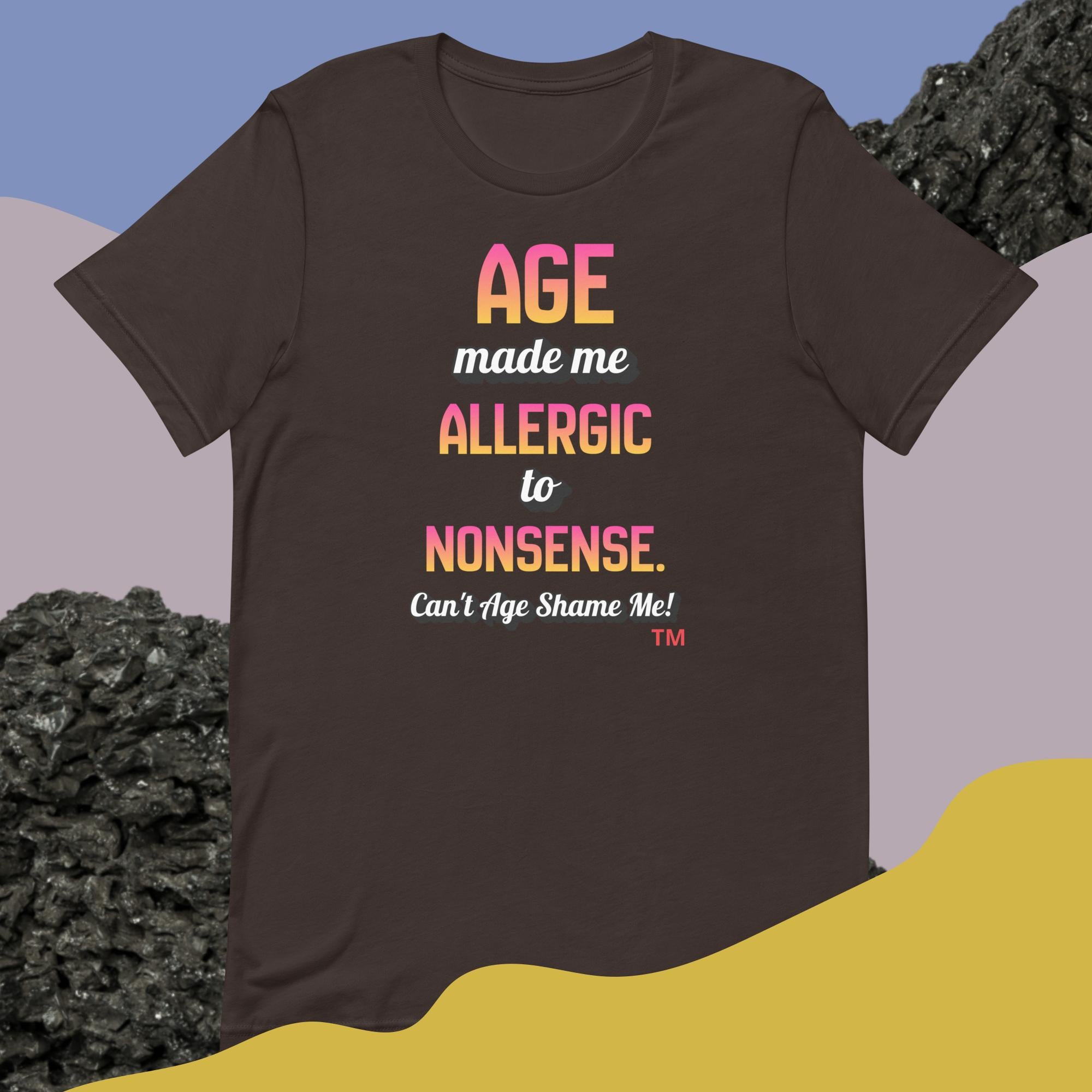 Brown t-shirt with colorful text on a gradient background
