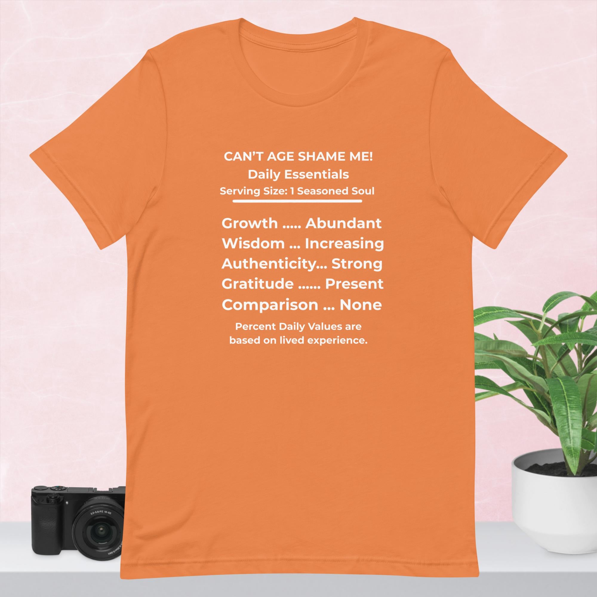 Burnt Orange Nutrition Facts Unisex T-Shirt: Zero Comparison (White Text)


