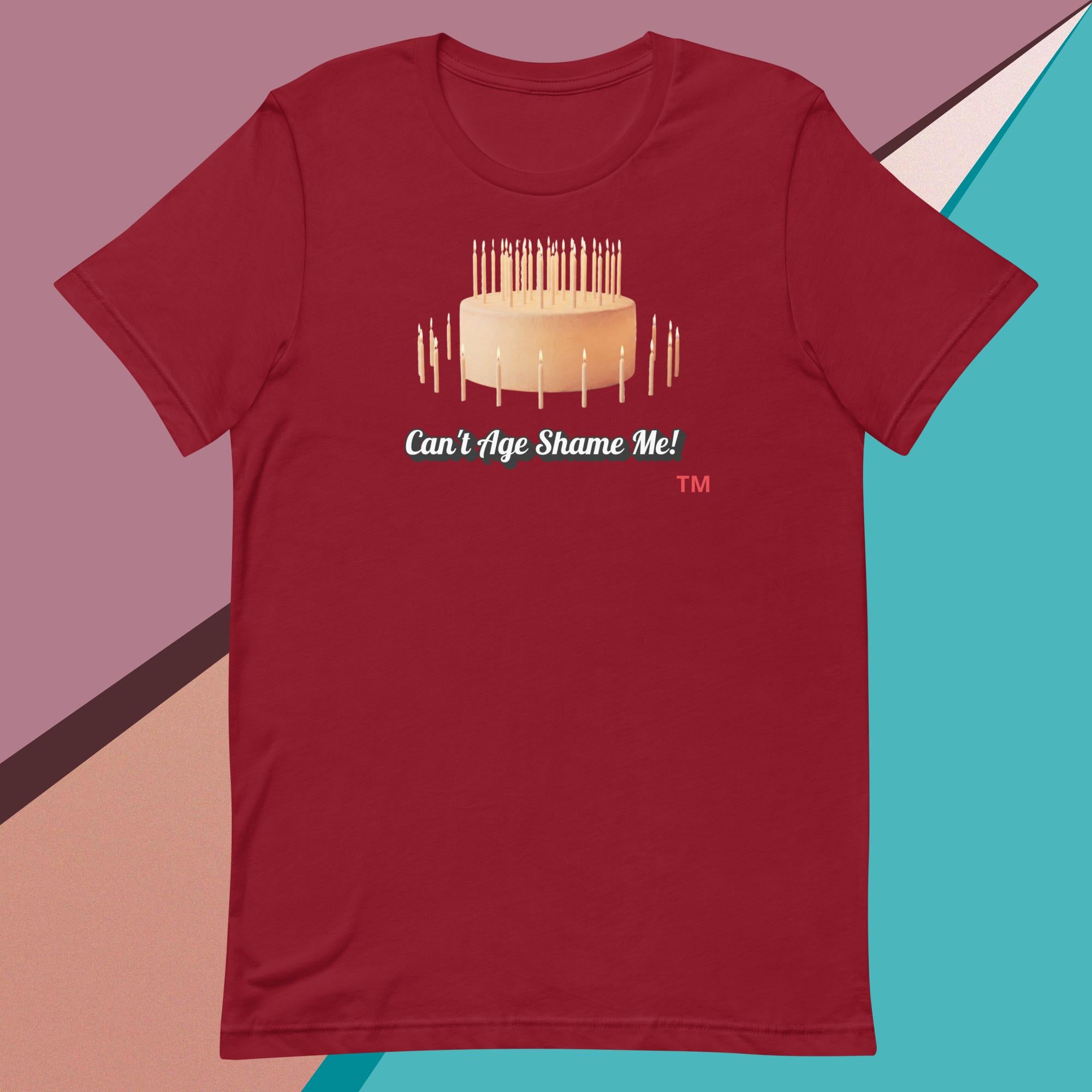 Cardinal  t-shirt with a birthday cake graphic and text on a colorful background