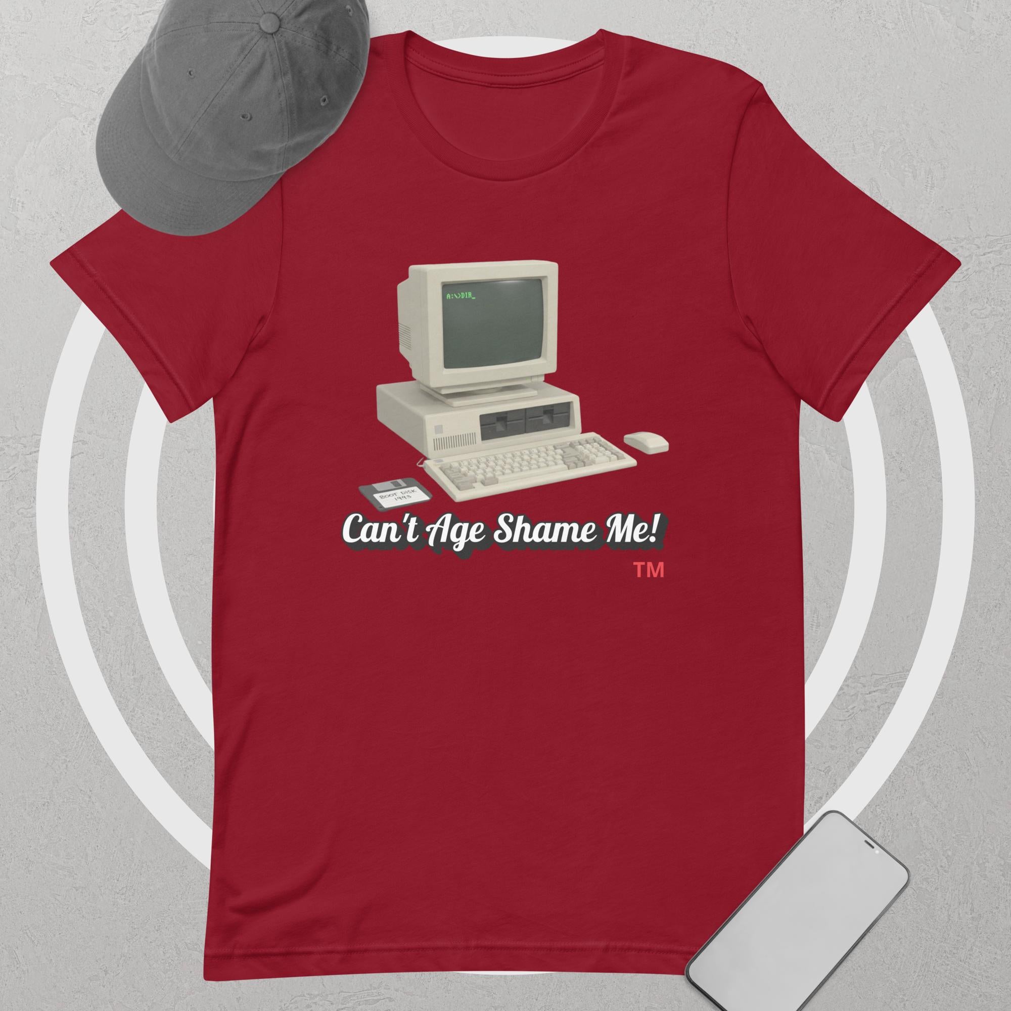 cardinal  t-shirt with vintage computer graphic and text 'Can't Age Shame Me' on a gray background