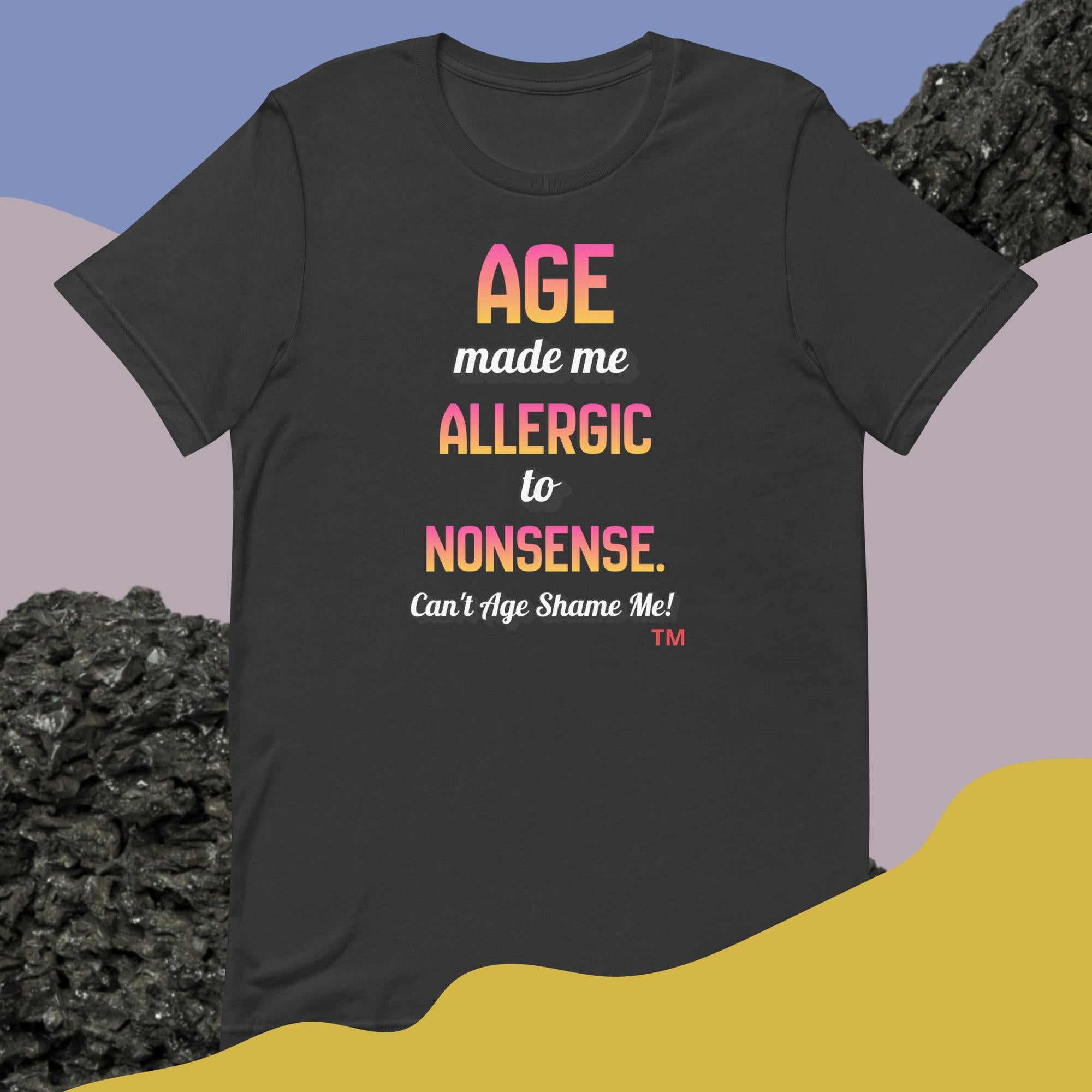 Dark gray t-shirt with colorful text on a gradient background