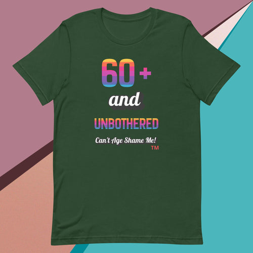 Green t-shirt with colorful text design on a geometric background