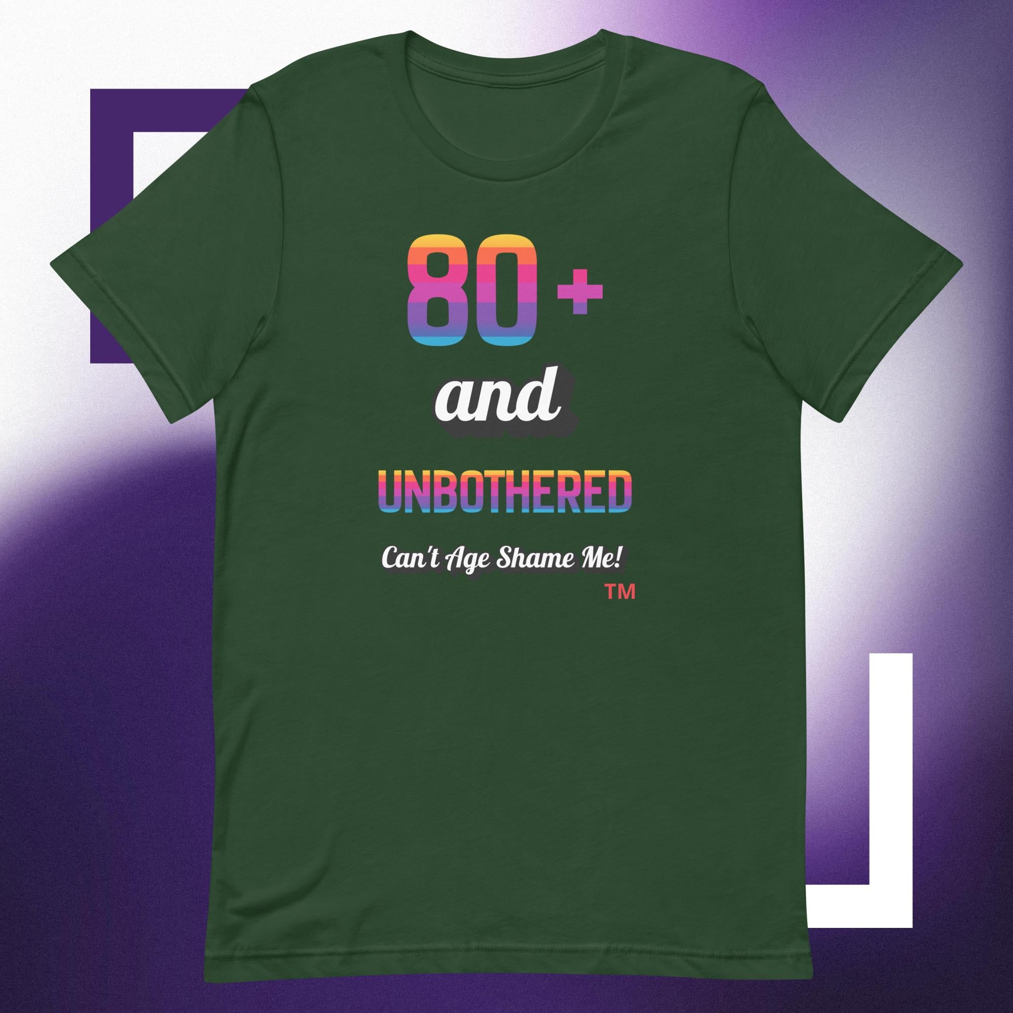 Green t-shirt with colorful text design on a purple gradient background
