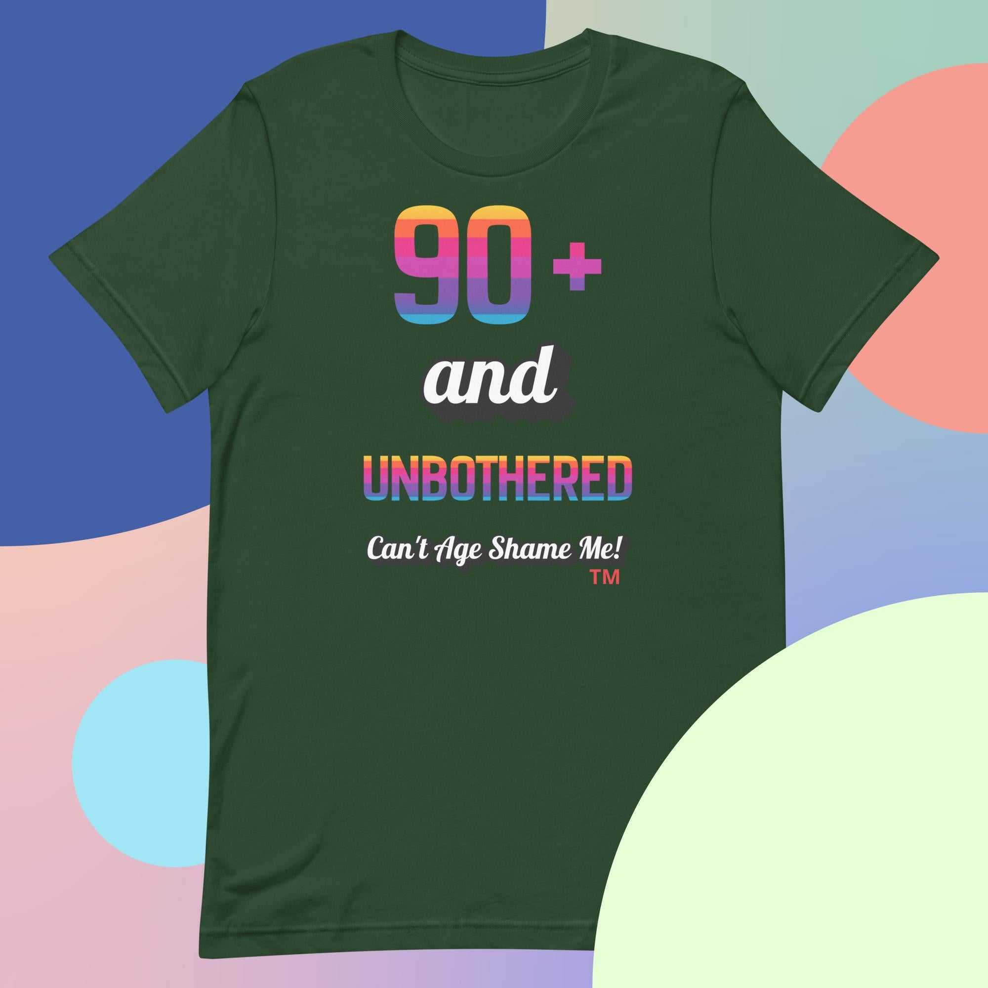 Green t-shirt with colorful text on a multicolored background