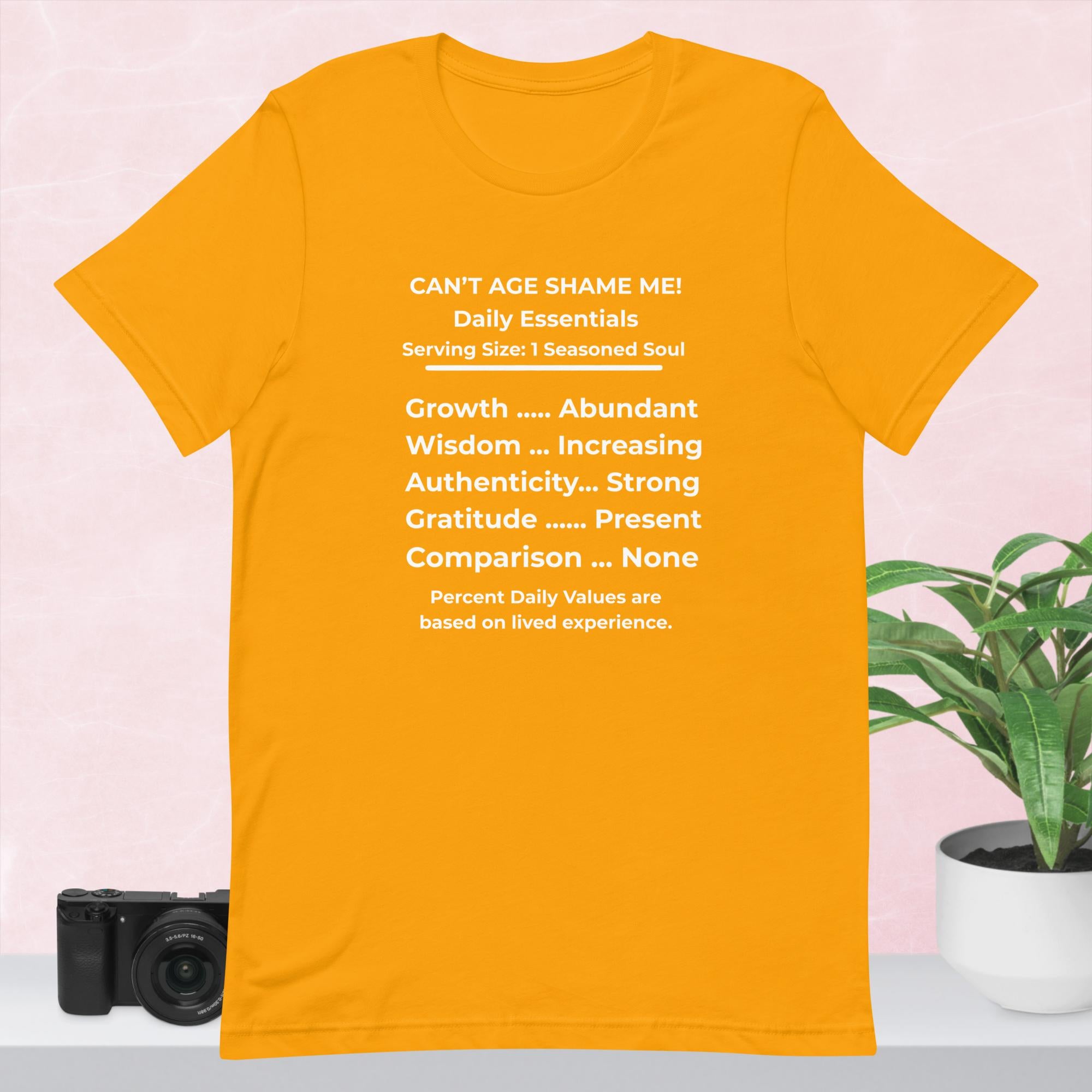 Gold Nutrition Facts Unisex T-Shirt: Zero Comparison (White Text)


