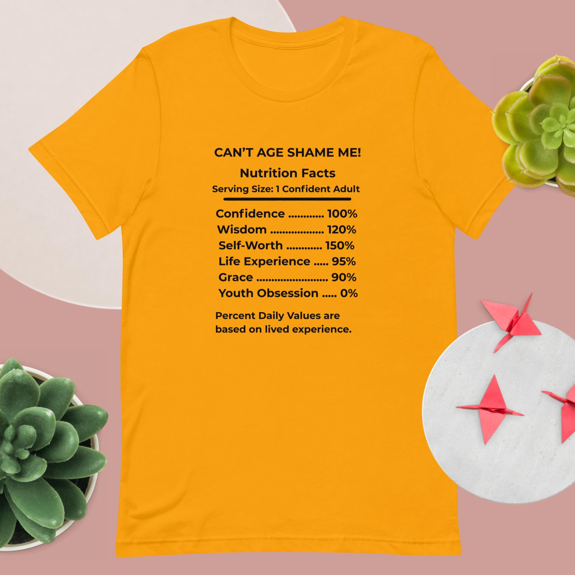 Gold Nutrition Facts Unisex T-Shirt: Youth Not Required (Black Text)

