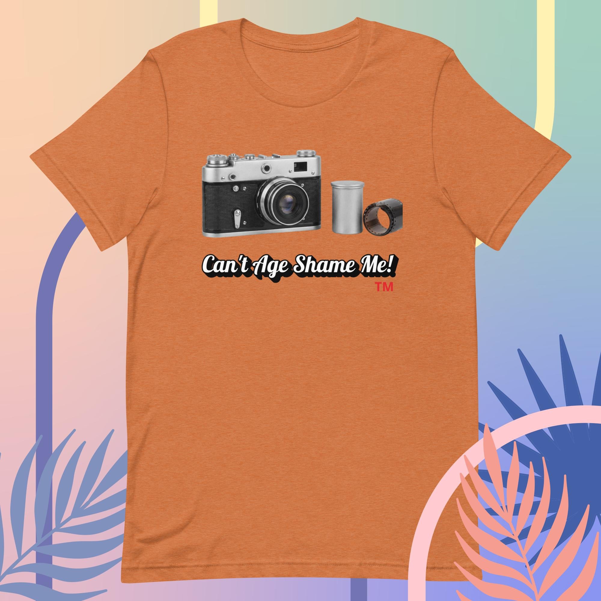 heather autumn  t-shirt with a camera graphic and text on a colorful background