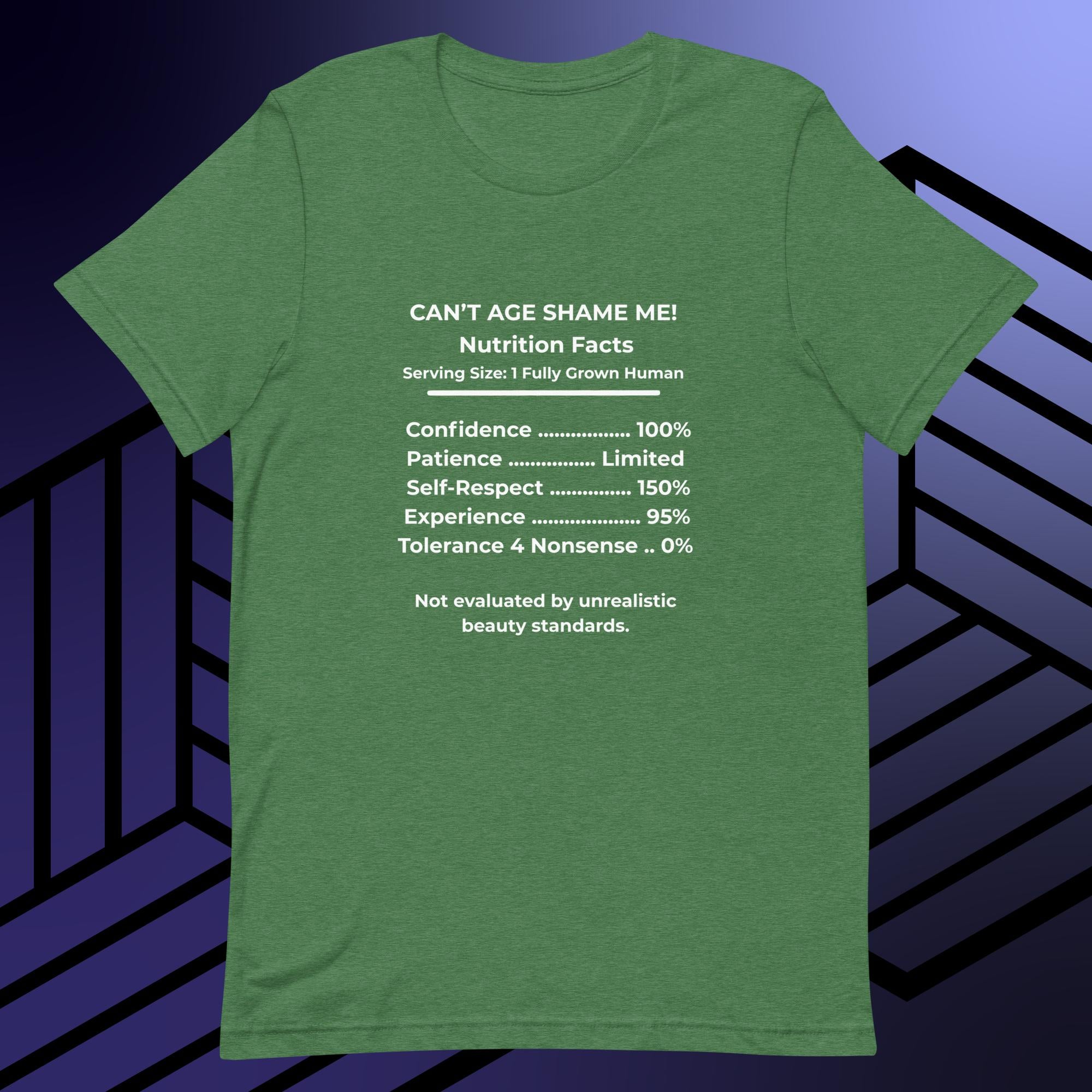 Heather Grass Green Nutrition Facts Unisex T- Shirt: Zero Nonsense (White Text)

