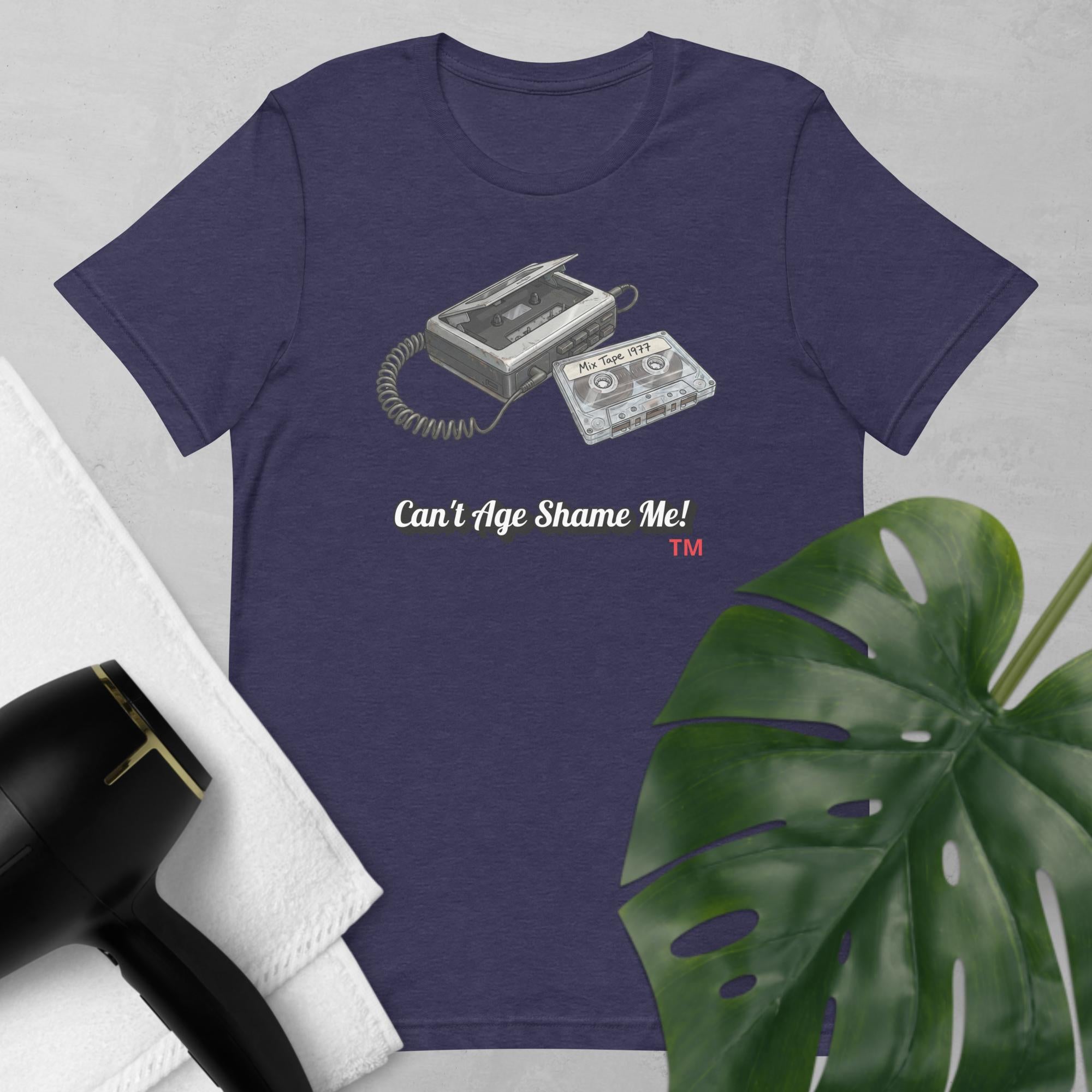 heather midnight Navy blue t-shirt with cassette tape graphic and text 'Can't Age Shame Me!' on a light gray background.