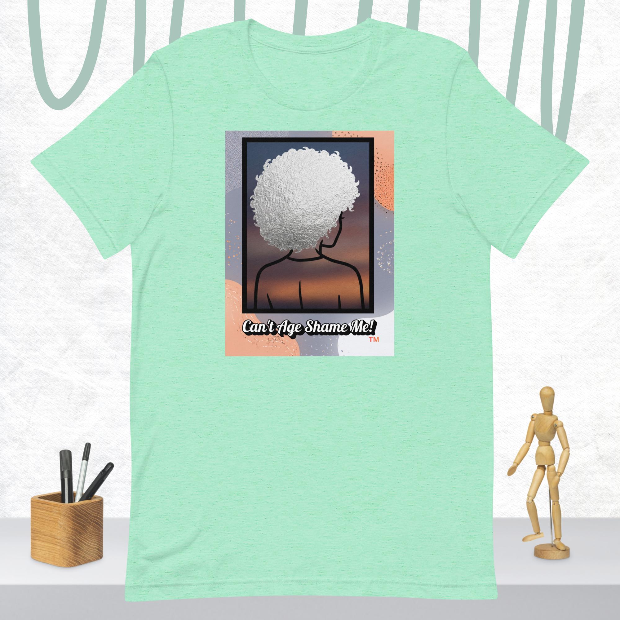 Heather Mint t-shirt with a graphic of a person with an afro and text 'Can't Age Shame Me!' on a white background.