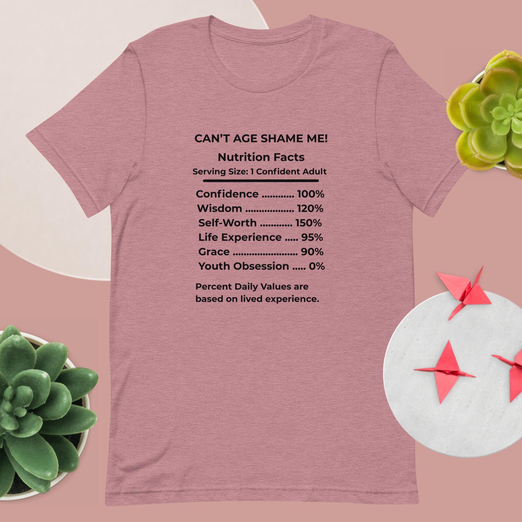 Heather Orchid  Nutrition Facts Unisex T-Shirt: Youth Not Required (Black Text)

