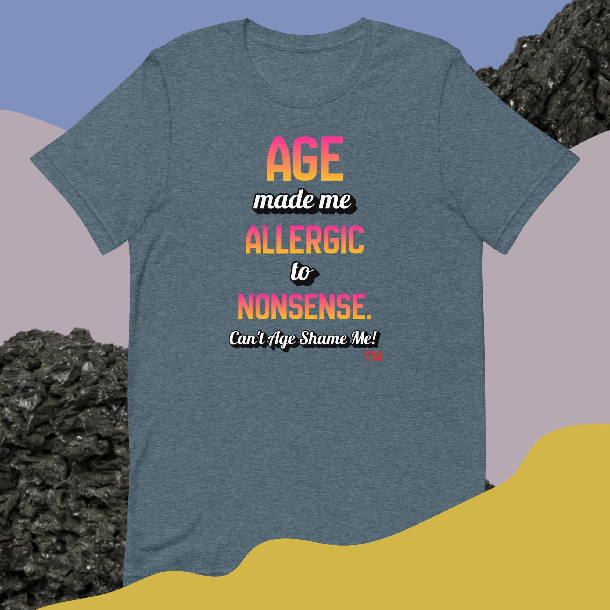 Heather Slate t-shirt with colorful text on a gradient background