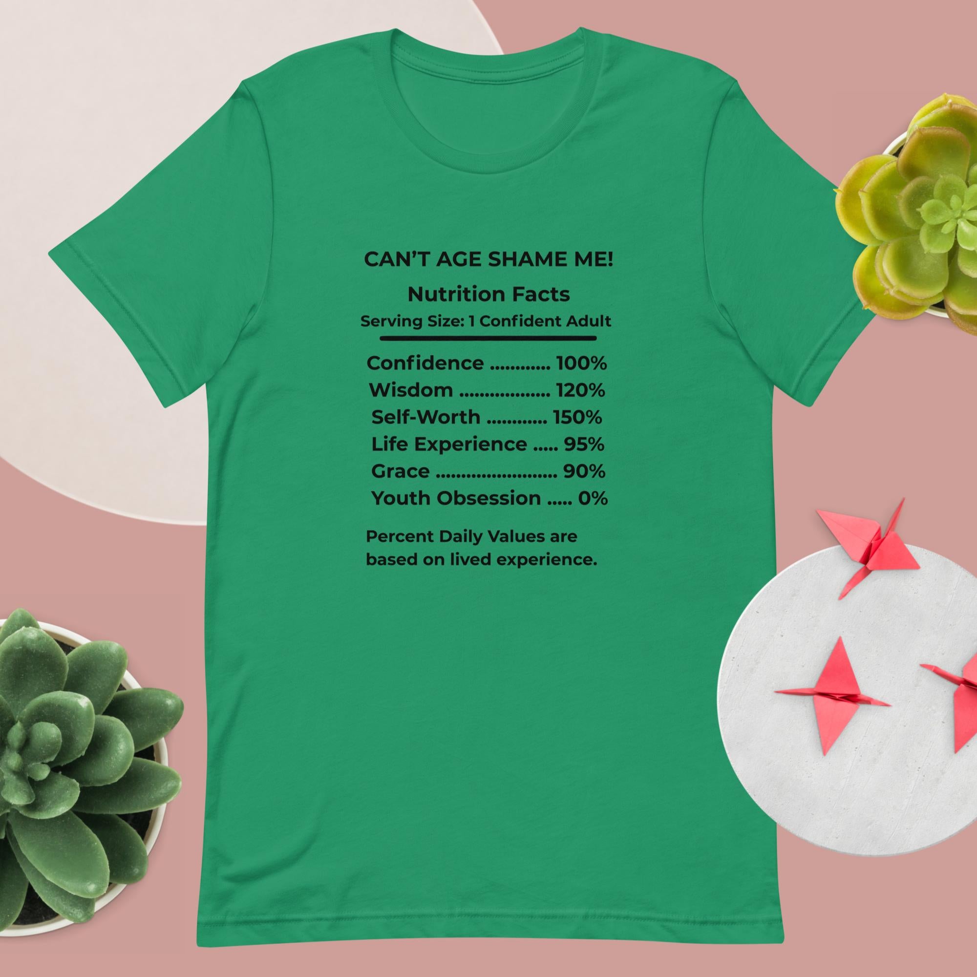 Kelly Green Nutrition Facts Unisex T-Shirt: Youth Not Required (Black Text)

