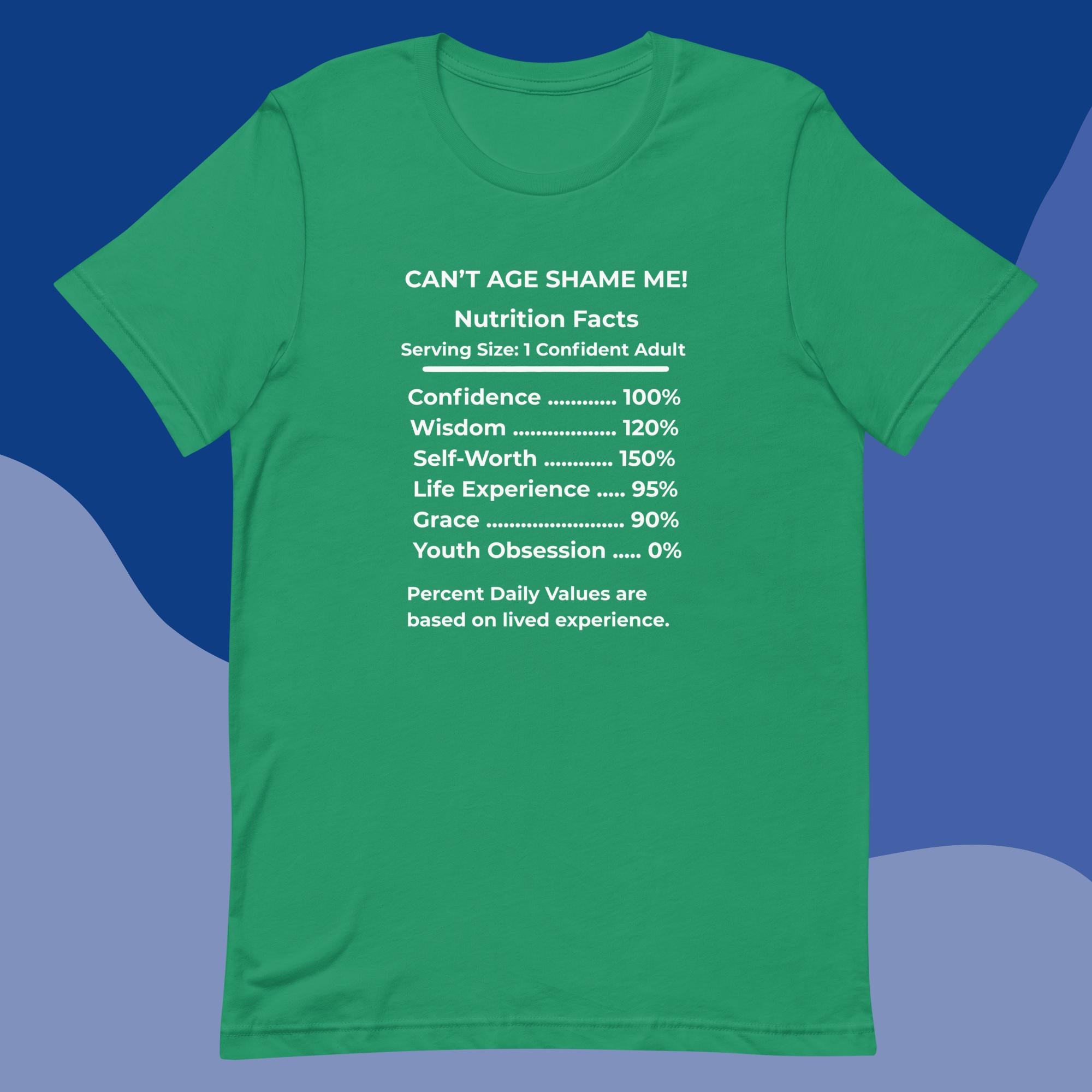 Kelly Green Nutrition Facts Unisex T-Shirt: Youth Not Required (White Text)

