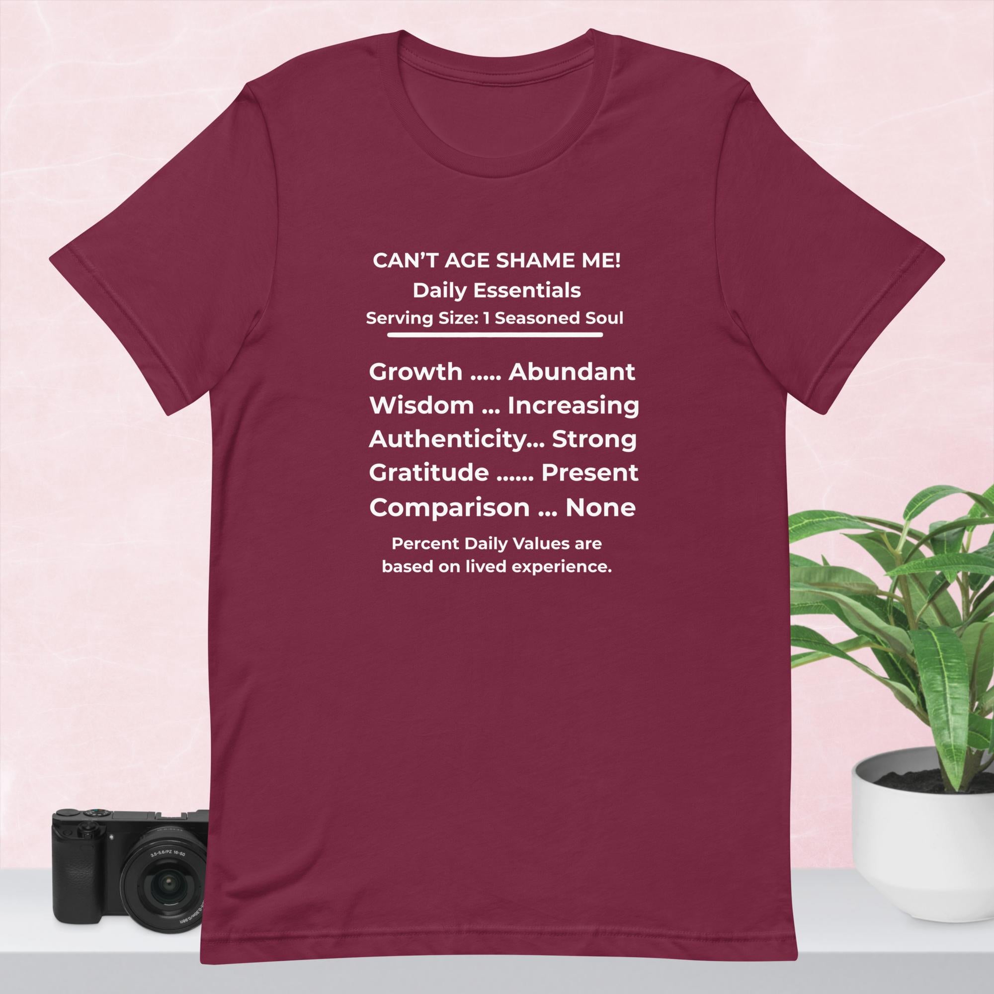 Maroon Nutrition Facts Unisex T-Shirt: Zero Comparison (White Text)


