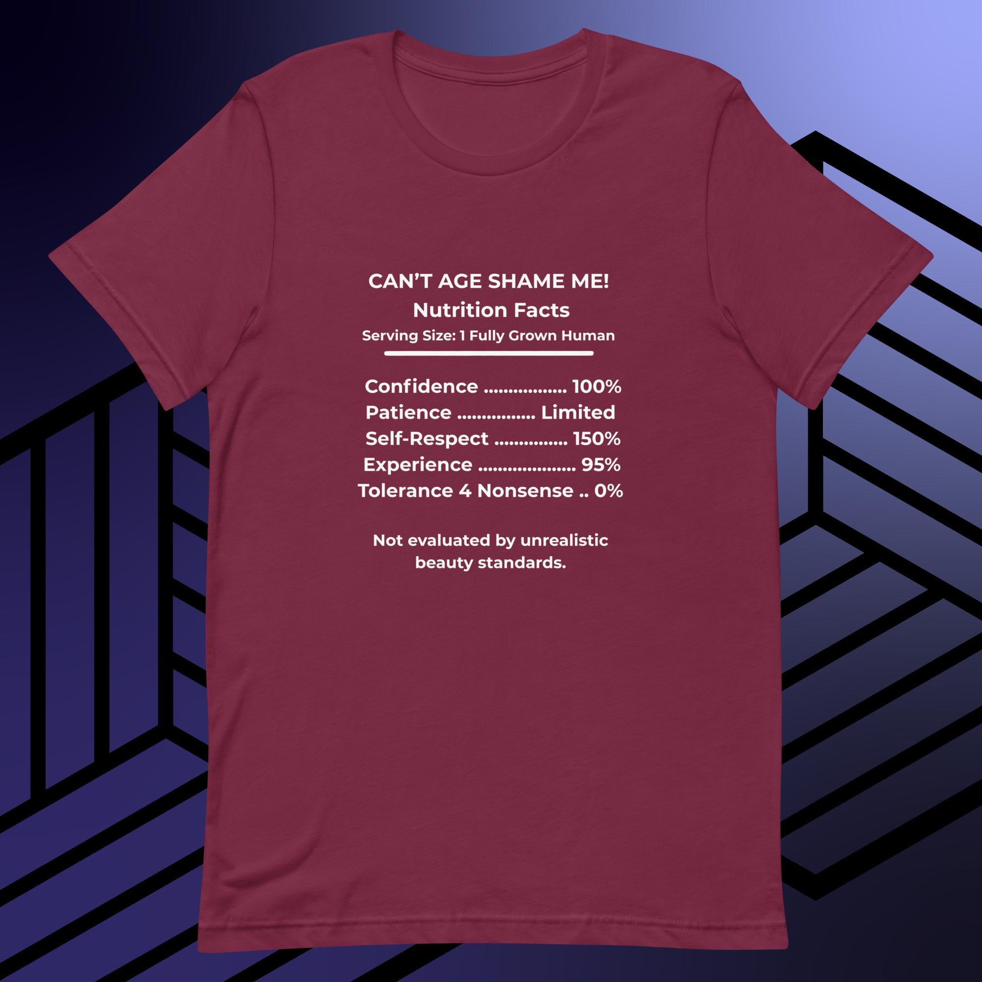 Maroon Nutrition Facts Unisex T- Shirt: Zero Nonsense (White Text)

