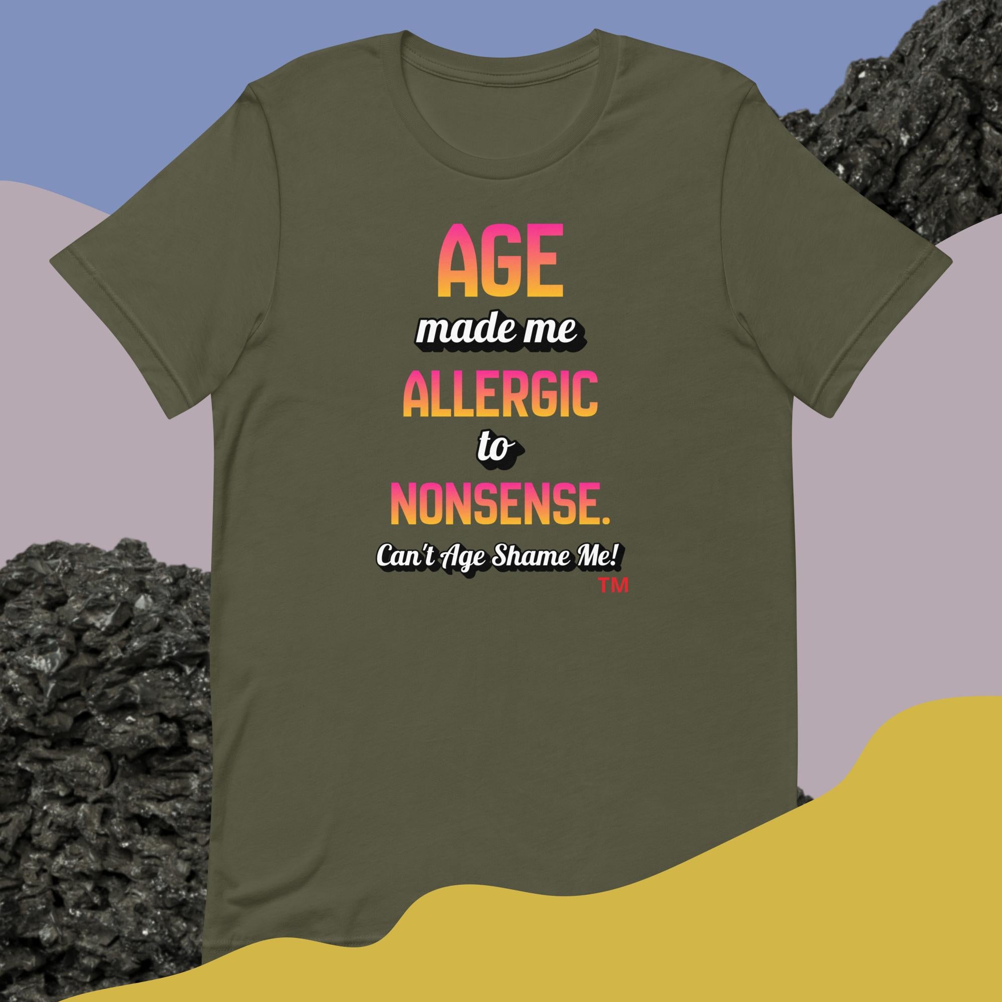 Green t-shirt with colorful text on a gradient background