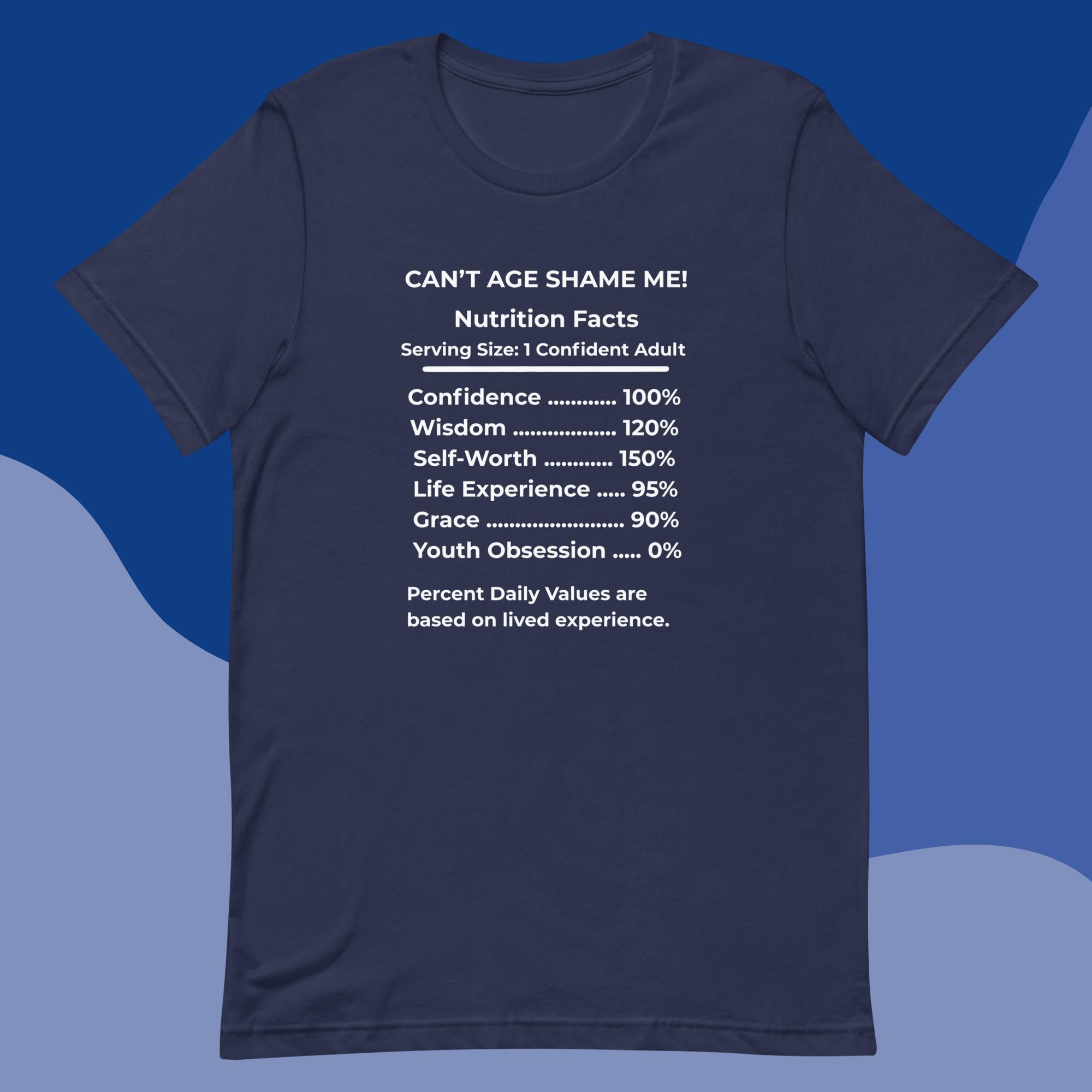 Navy Nutrition Facts Unisex T-Shirt: Youth Not Required (White Text)


