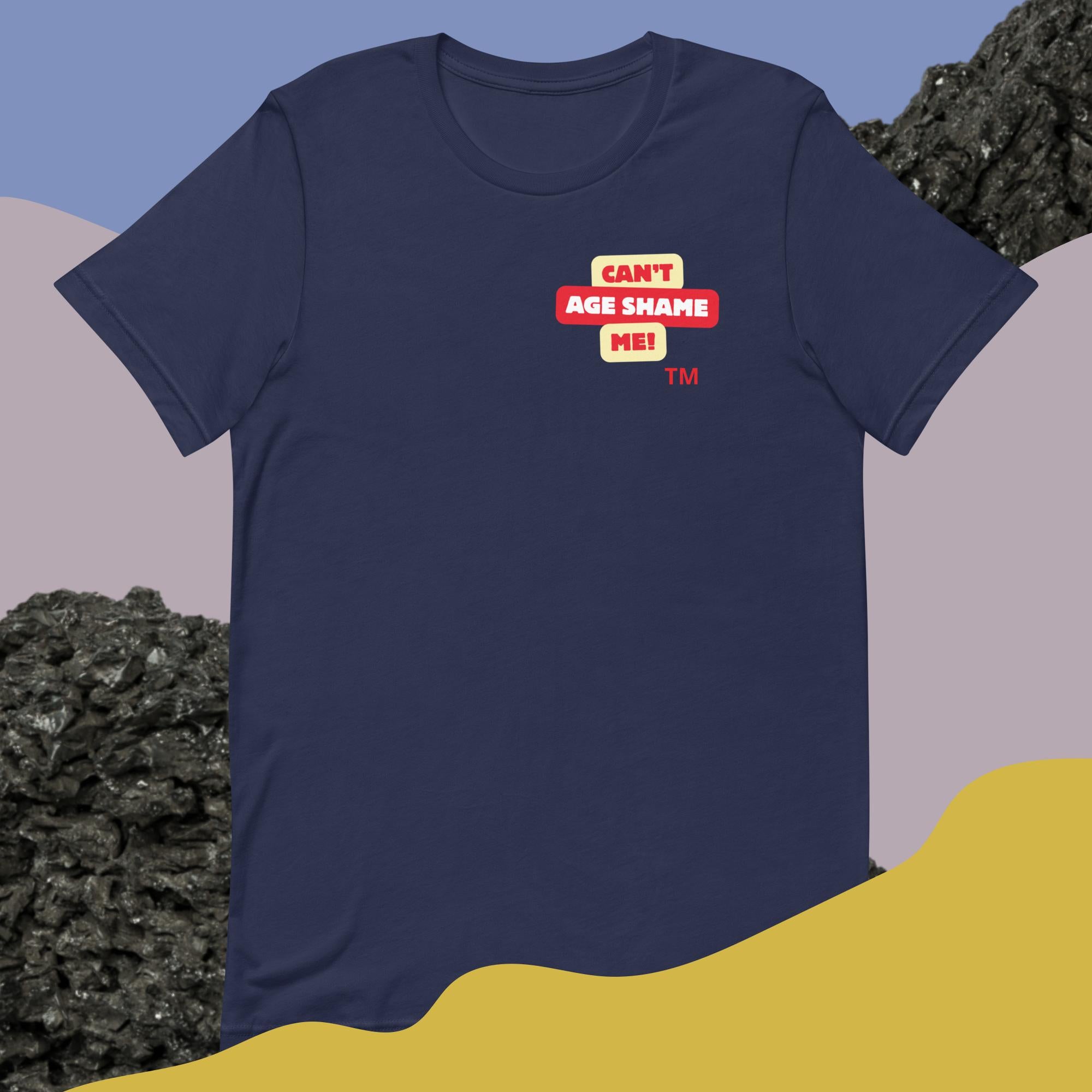 Navy  t-shirt with a logo text graphic 'CAN'T AGE SHAME ME! design on a colorful abstract background