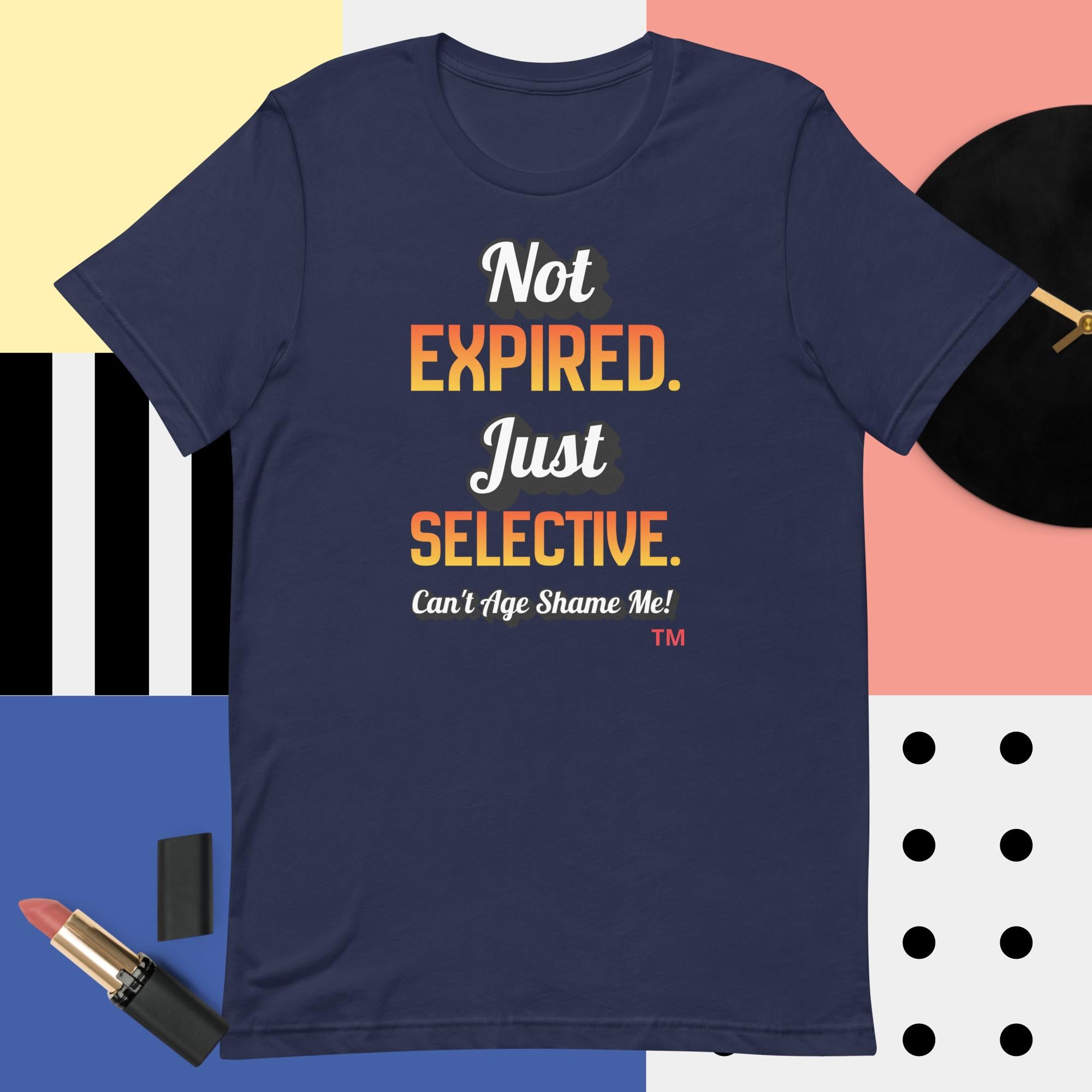 Navy blue t-shirt with colorful text on a multicolored background