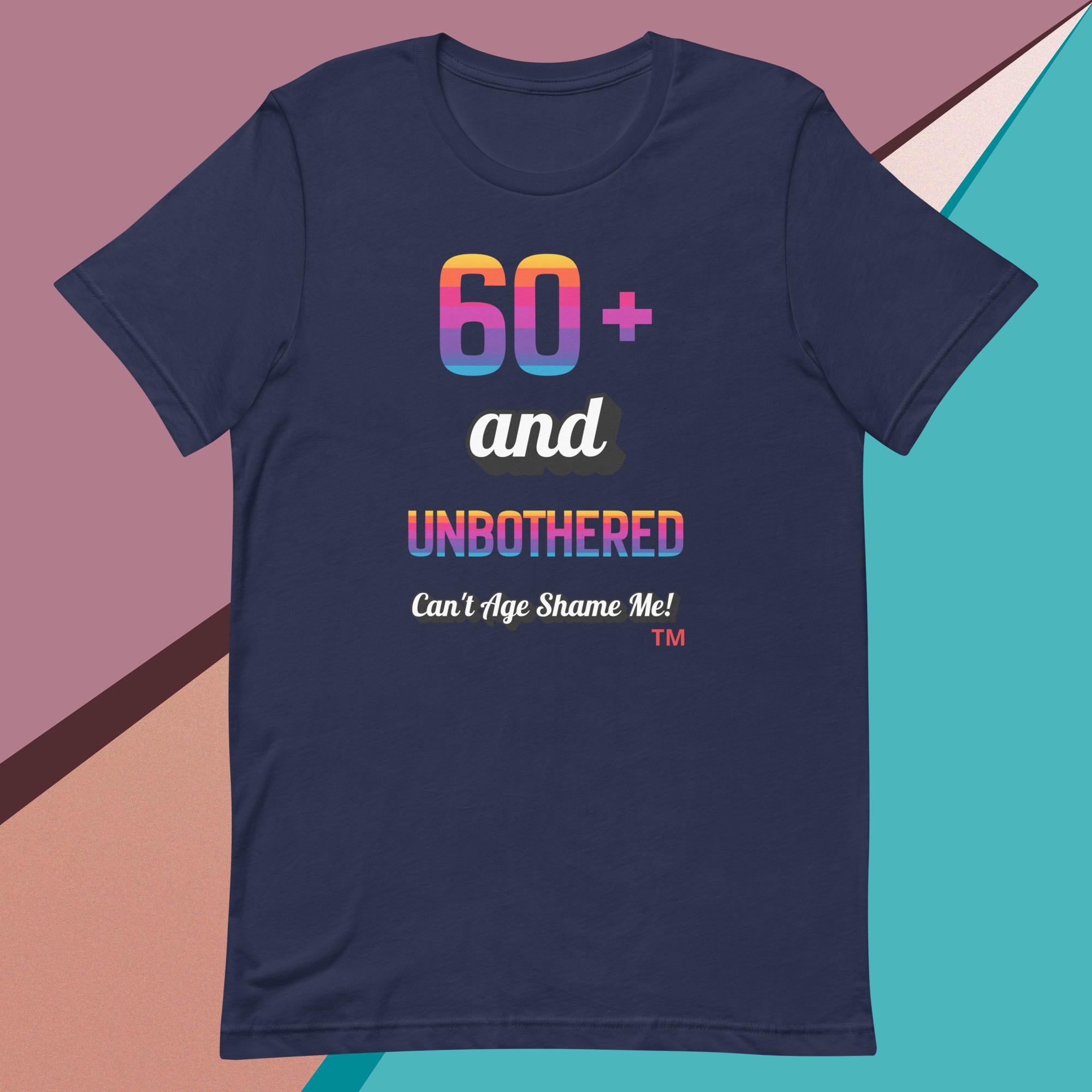 Navy blue t-shirt with colorful text on a geometric background