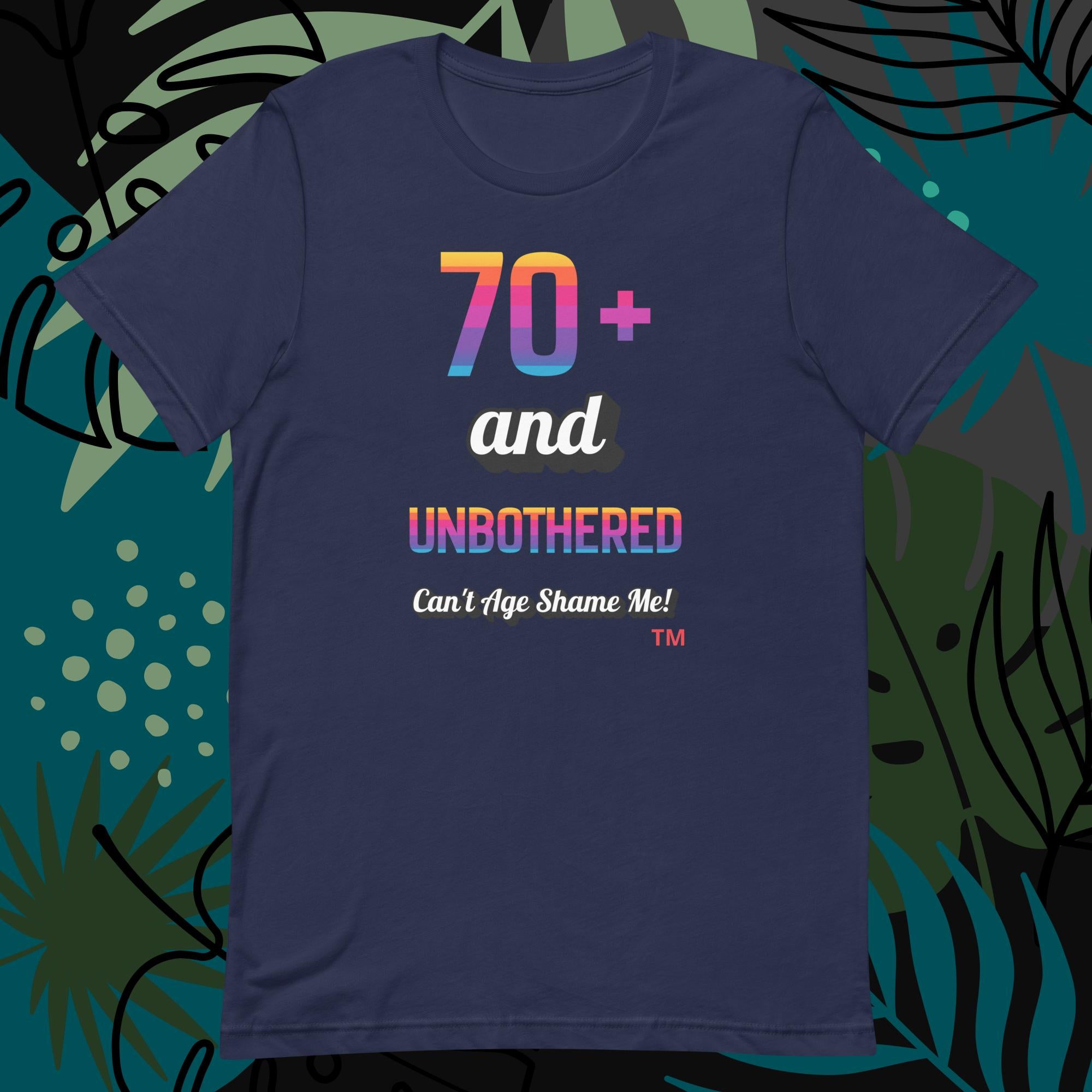 Navy blue t-shirt with colorful text design on a decorative background